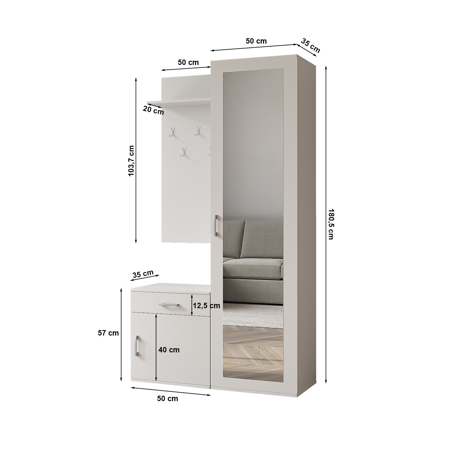 Beautysofa Kompaktgarderobe PAULA, mit Spiegel, Schuhschrank, 5 Kleiderhacken, Farbvarianten