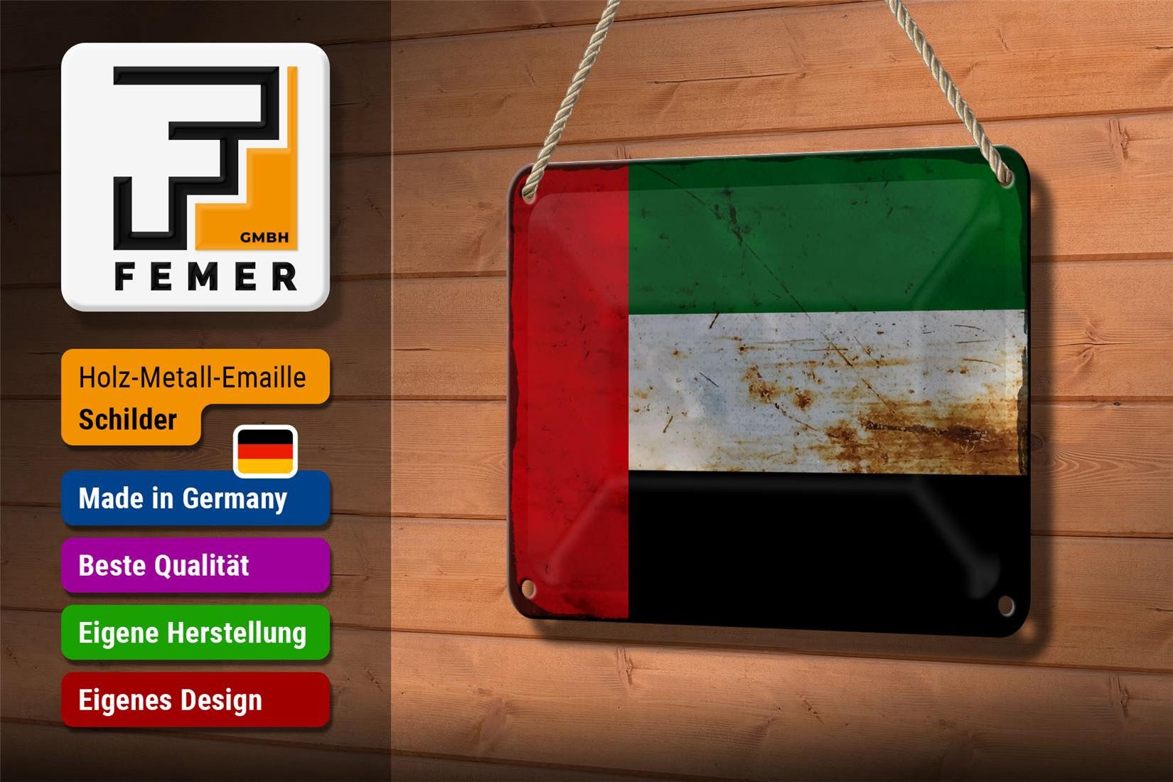 Femer GmbH Metallschild Flagge Arabische Emirate 18x12cm Flag Rost, (1 St), gewölbte Oberfläche, abgerundete Ecken, umgeschlagene Kanten