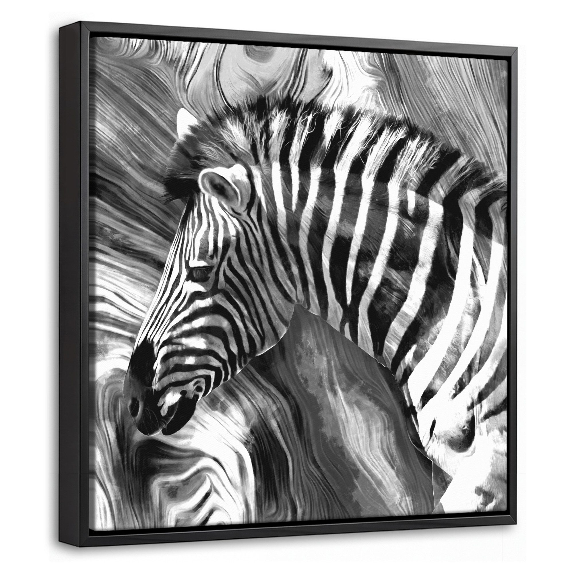 OneMillionCanvasses® Leinwandbild mit Rahmen - Kunstdrucke - Ölfarbe - Zebra - Tiere - Schwarz - Weiß, Fotodruck (1 St), Leinwand Bilder Klein, Wand Dekoration Aesthetic 20x20cm