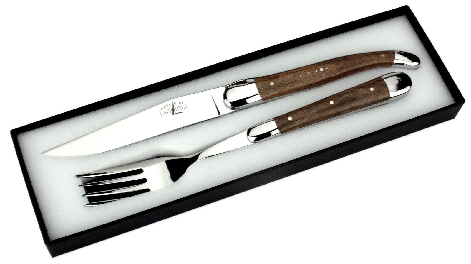 Forge de Laguiole Steakbesteck TF 2M IN NO BRI, 1 Messer / 1 Gabel - Griff Nussbaum - Backen glänzend - Stahl glänzend