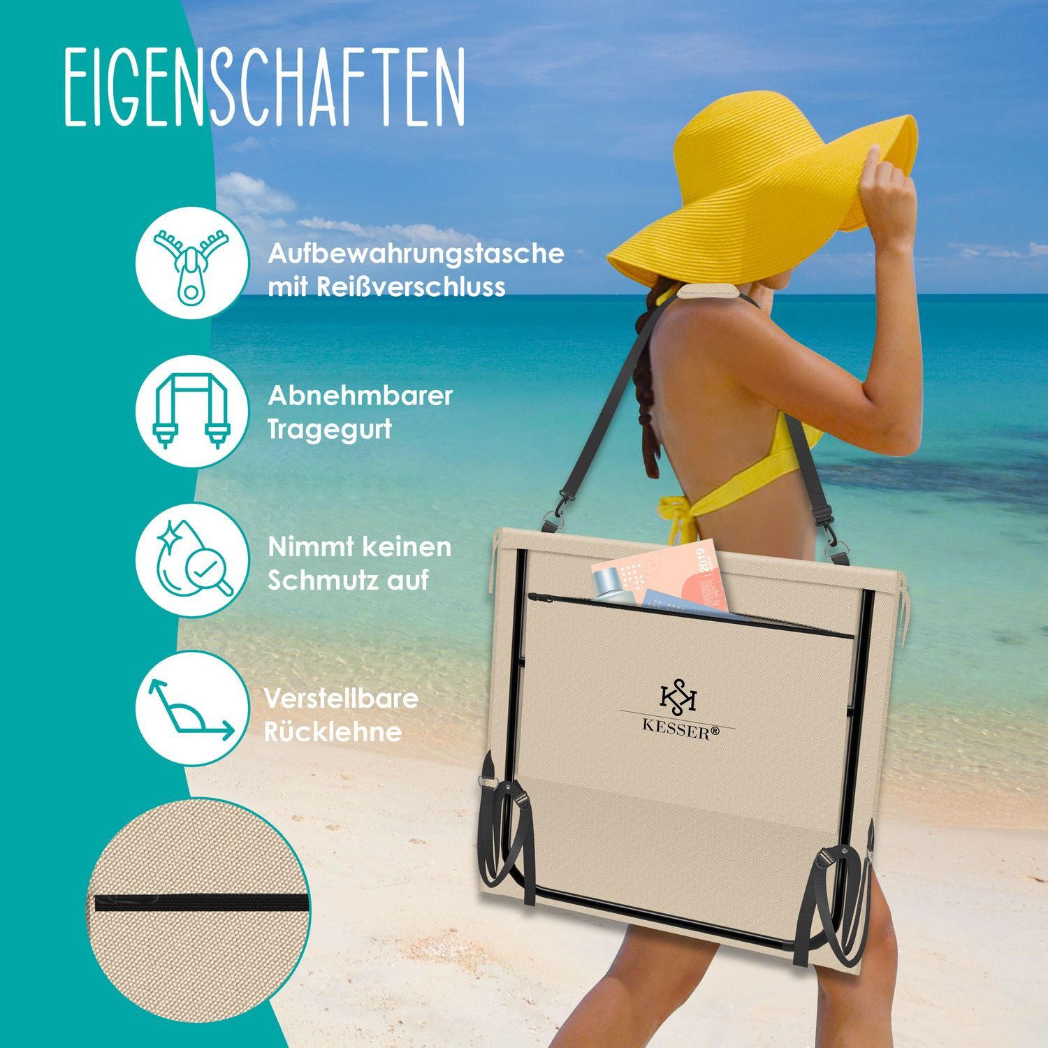 KESSER Gartenliege Strandmatte klappbar mit verstellbarer Rückenlehne max. 130 kg, 1 St., Strandliege mit Tragegurt, wasserdichter Handyhülle & Tragetasche, Sonnenliege faltbar für Strand, Garten & Terrasse Liegematte