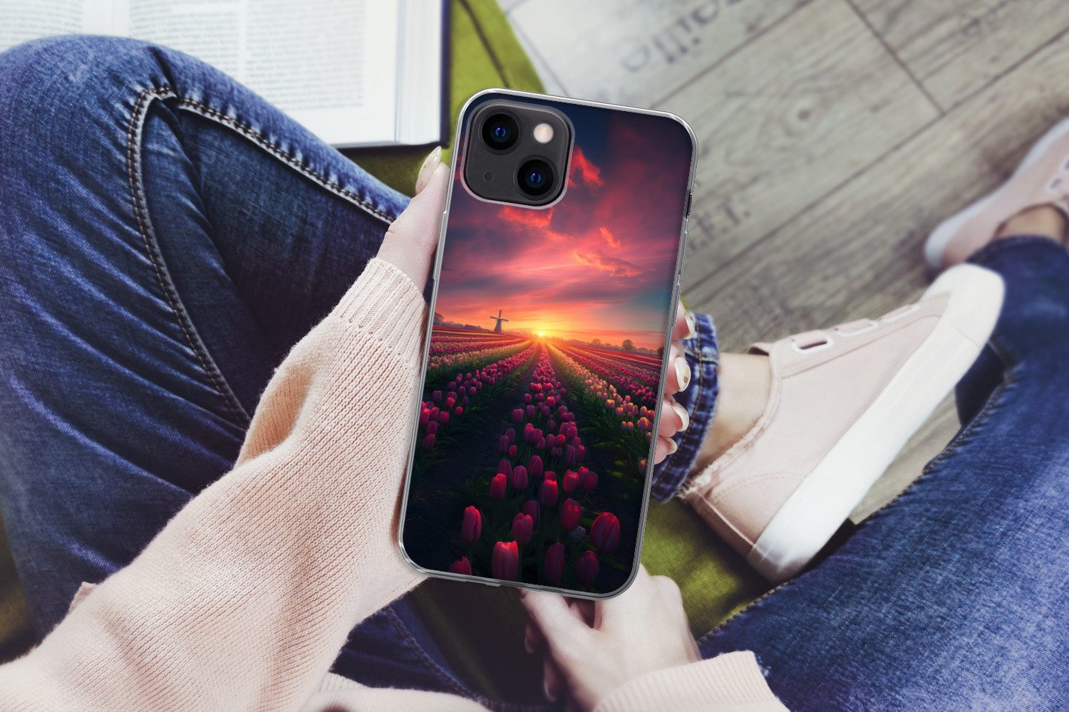 MuchoWow Handyhülle für Apple iPhone 13 Windmühle - Sonnenuntergang - Landschaft, Smartphone-Bumper, Print, Handy Schutzhülle Dünn
