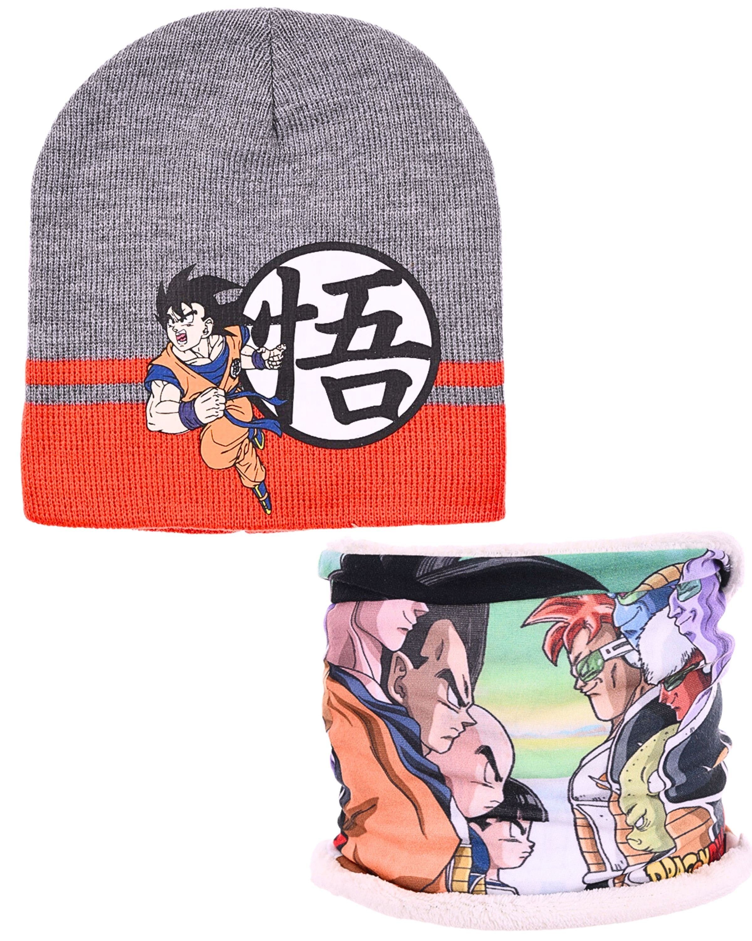 Dragon Ball Strickmütze Son Goku (2-St) Jungen Winter-Set Mütze & Schlauchschal Gr. 52, 54 cm Grau