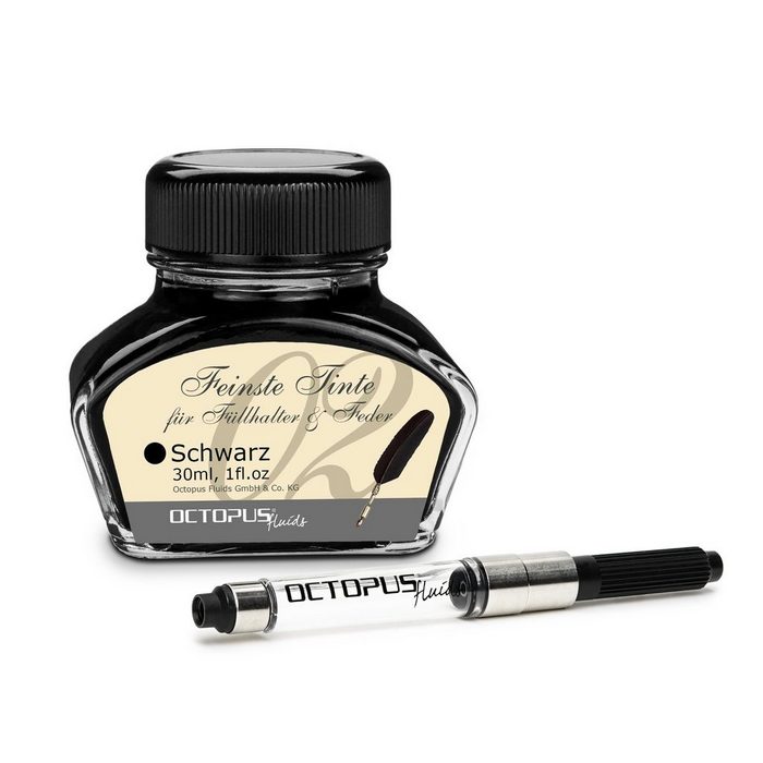 OCTOPUS Fluids Schreibtinte Schwarz 30 ml mit Konverter Tintenglas