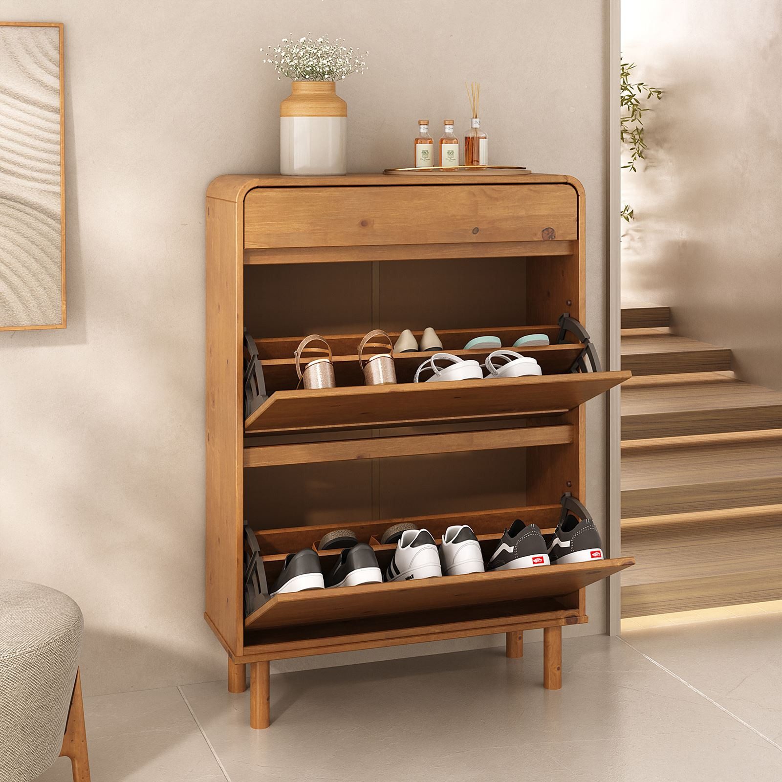 IDIMEX Schuhkommode NAEL, Schuhregal schmal Massivholz mit 2 Klappen & Schublade Eiche farben
