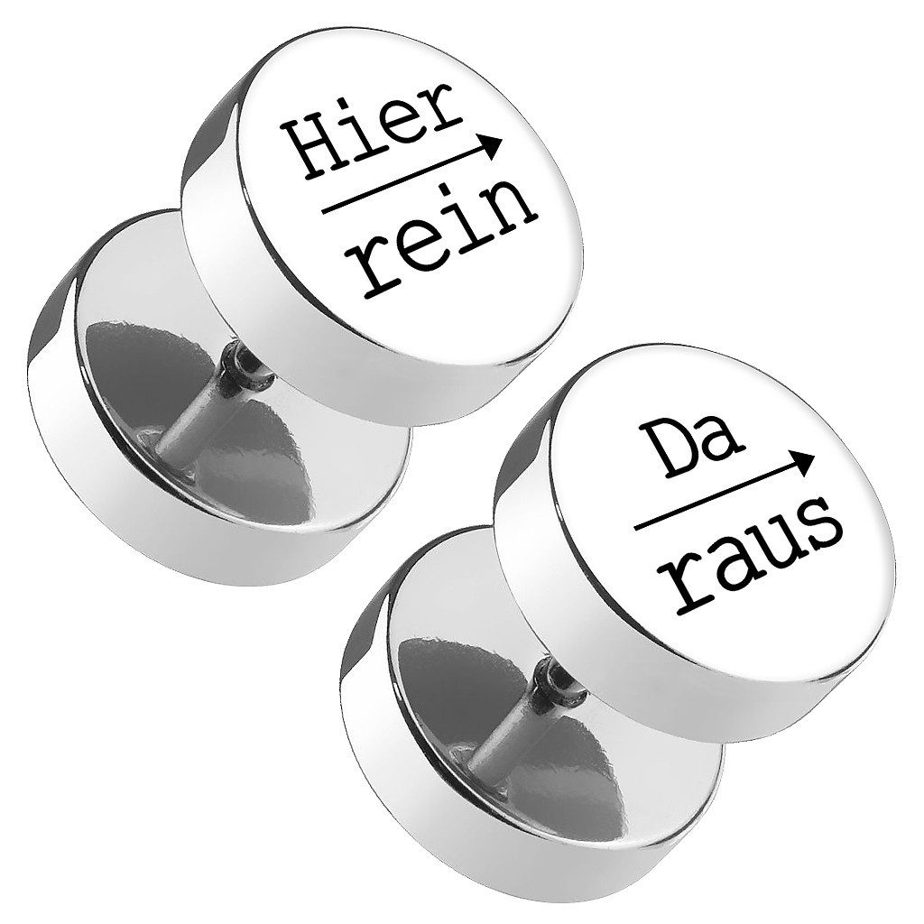 Taffstyle Fake-Ear-Plug Motiv Ohr Fake Plug mit Spruch Hier rein, Da raus aus Chirurgenstahl (Humorvoller Ohrpiercing Fake Plug mit Spruch Motiv in mehreren Farben wählbar)