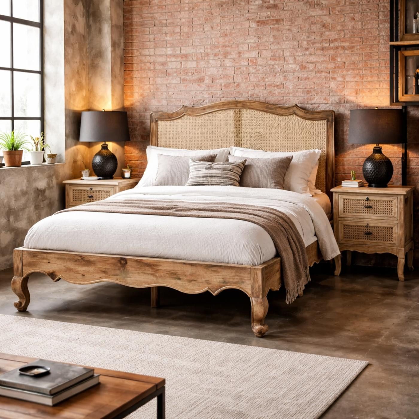 baario Massivholzbett Bett WIENER Geflecht 140x200, Massivholz Antik Design Schnitzerei