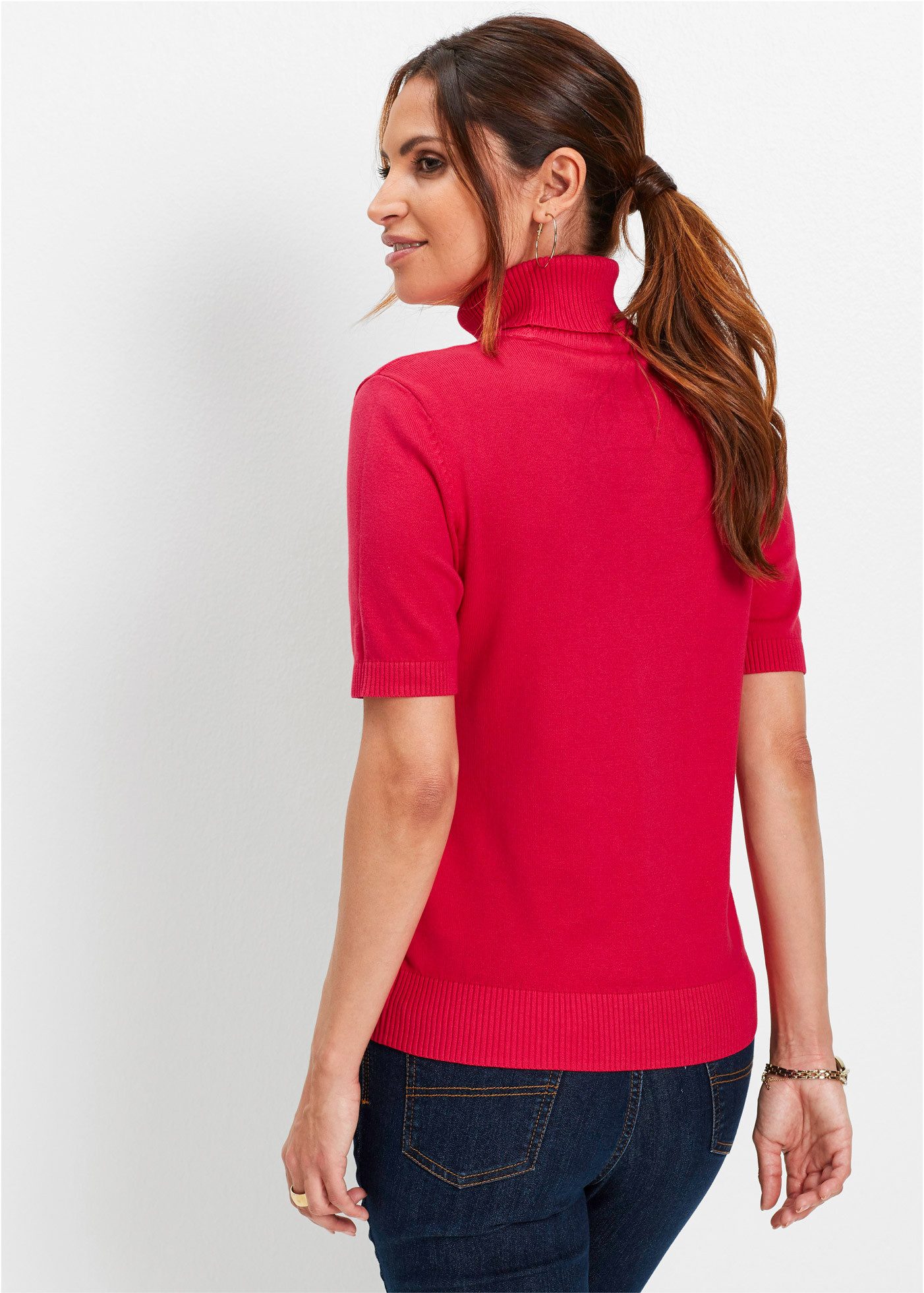 bonprix Kurzarmpullover im Feinstrick-Baumwoll-Mix, mit hohem Rollkragen