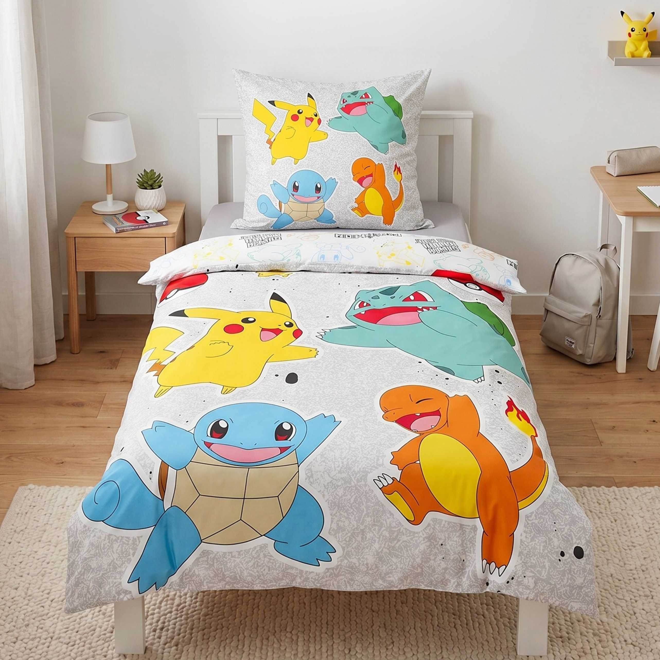 MTOnlinehandel Kinderbettwäsche Pokémon Friends 135x200 + 80x80 cm, Wende-Motiv, 100% Polyester, 2 teilig, Pikachu, Bisasam, Glumanda & Schiggy für kleine Pokémon Fans