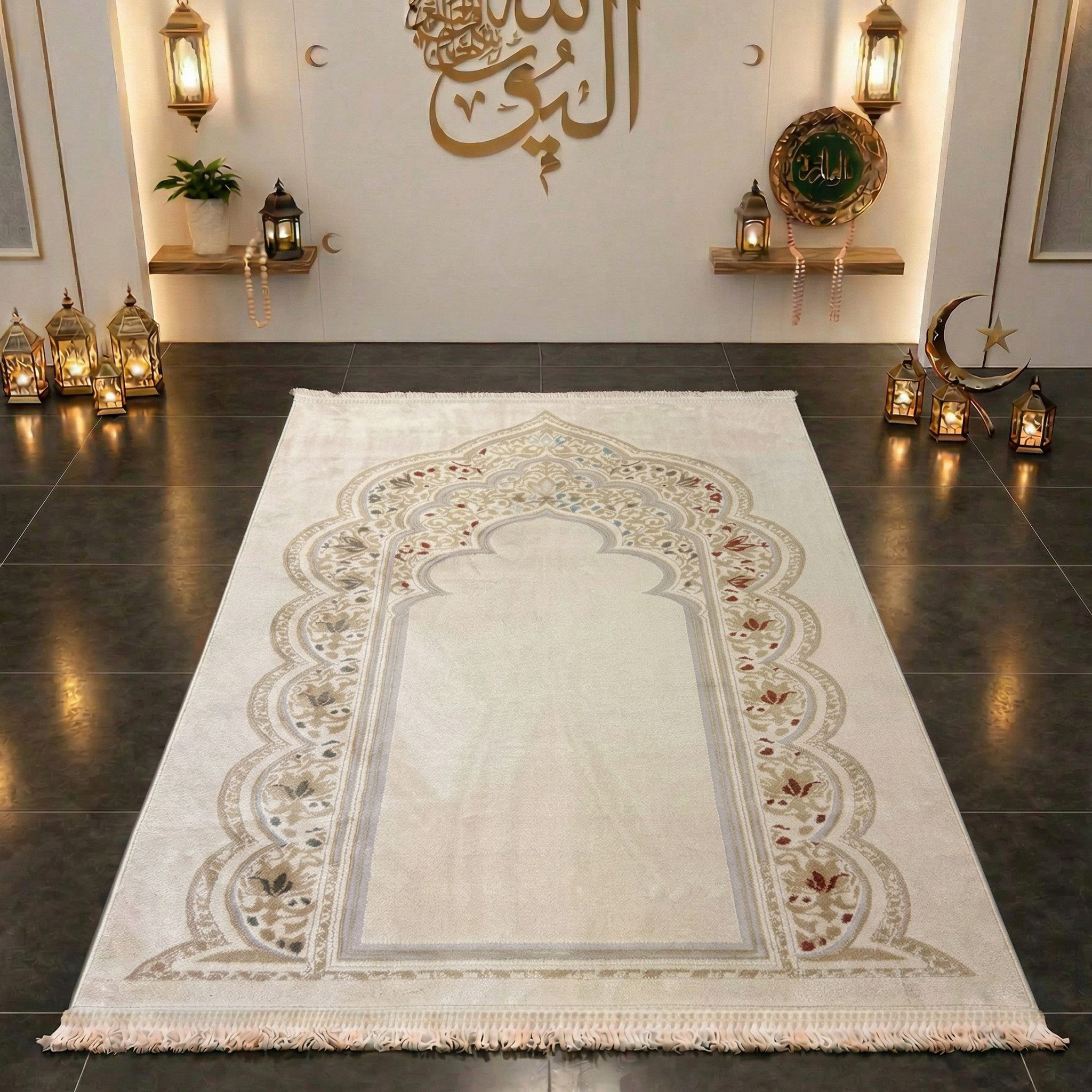 TeppichHome24 Teppich Gebetsteppich mit Mihrab-Motiv und ornamentaler Verzierung in Creme, rechteckig