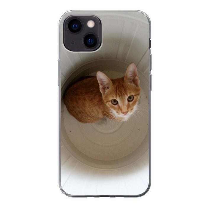 MuchoWow Handyhülle Katze - Mülleimer - Weiß Handyhülle Apple iPhone 13 Smartphone-Bumper Print Handy