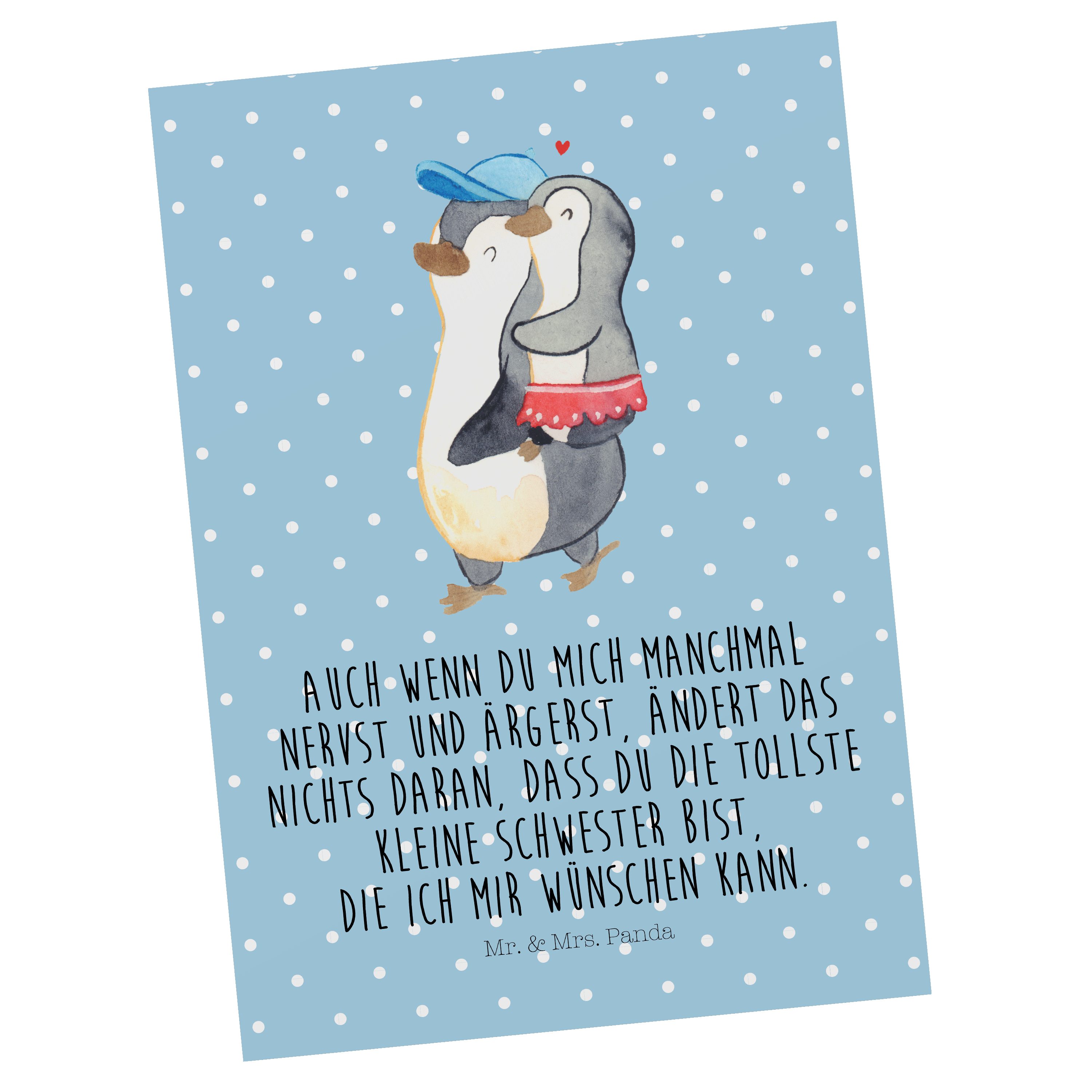 Mr. & Mrs. Panda Postkarte Pinguin Kleine Schwester - Blau Pastell - Geschenk, Dankeskarte, Gesc