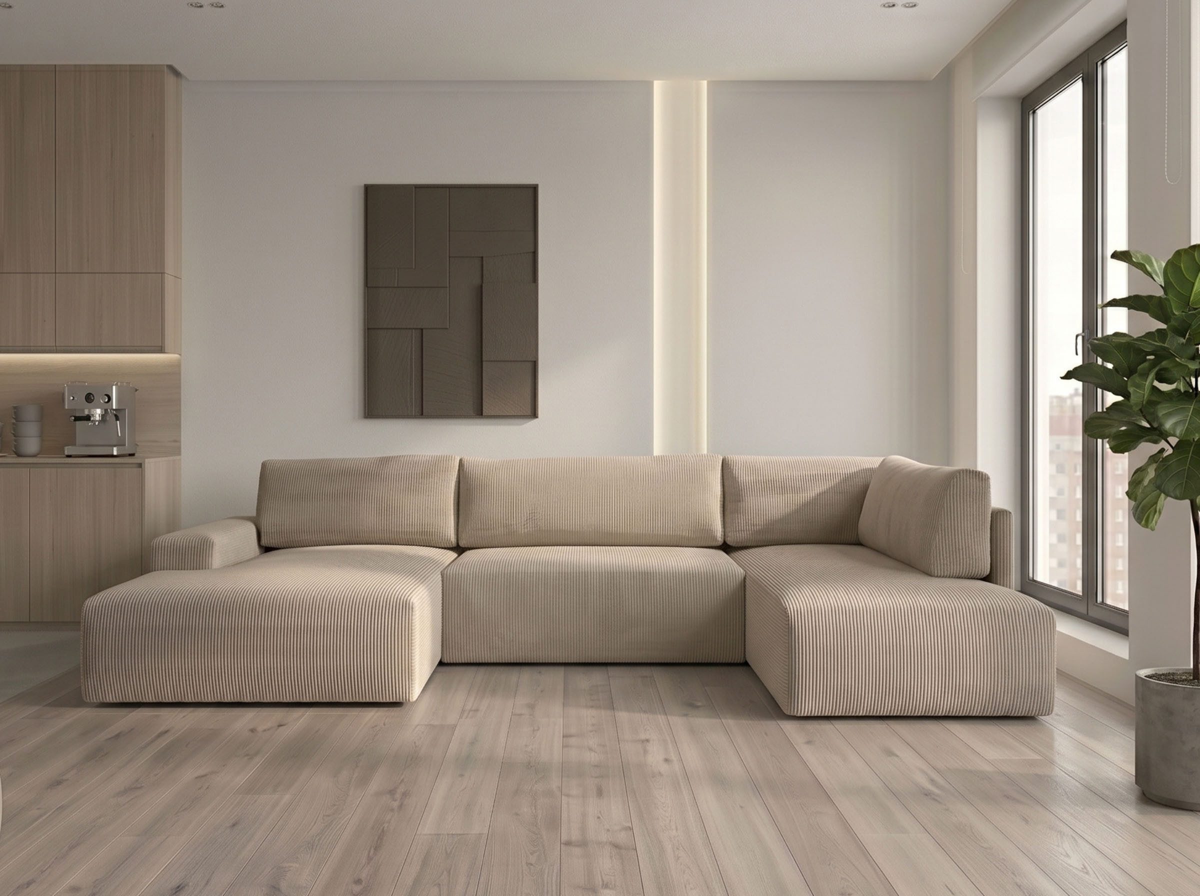 WERK2 Wohnlandschaft Rotterdam 325 x 190 cm modern und bequem, Cord, U-Form, XXL, Schlaffunktion, Bettkasten