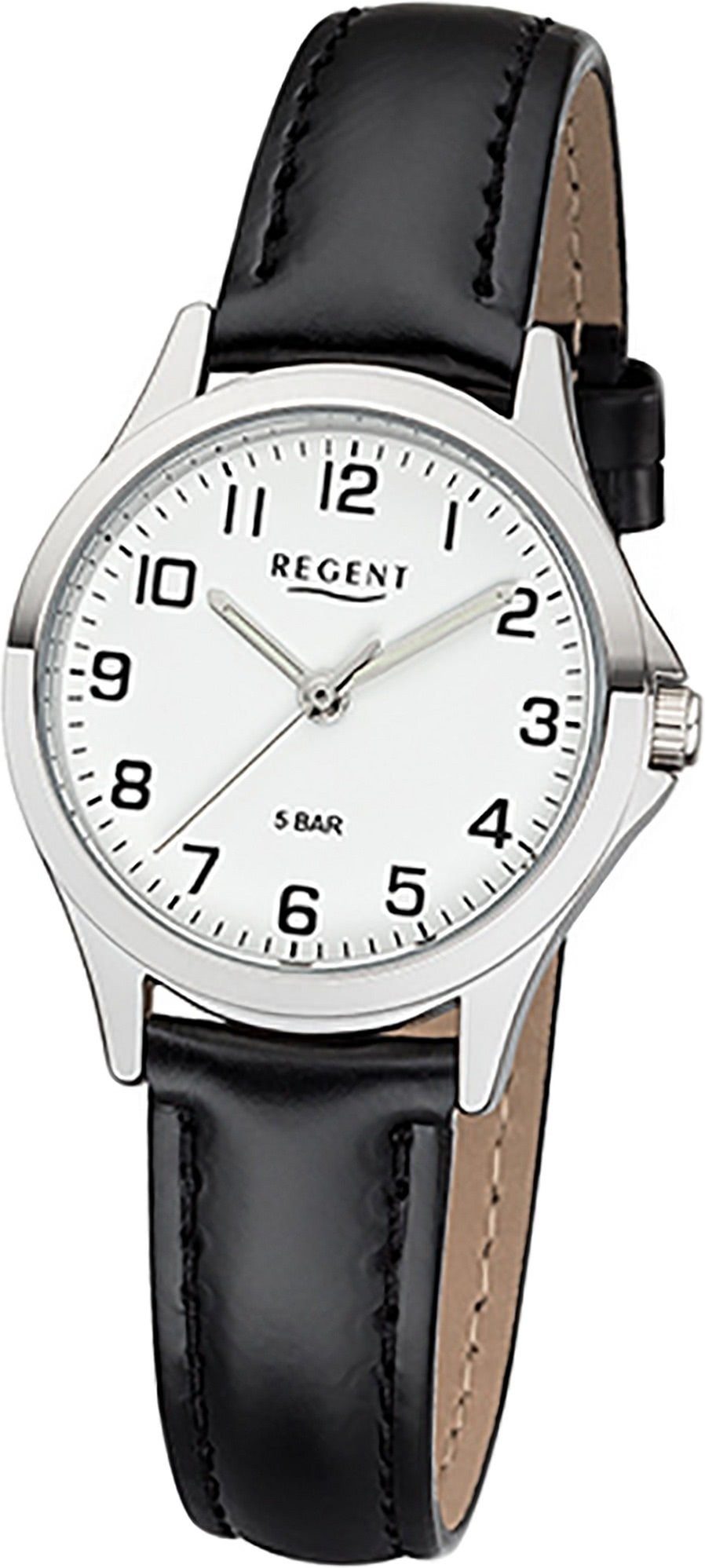 Regent Quarzuhr Regent Leder Damen Uhr 2112418 Analog, Damenuhr Lederarmband schwarz, rundes Gehäuse, klein (ca. 29mm)