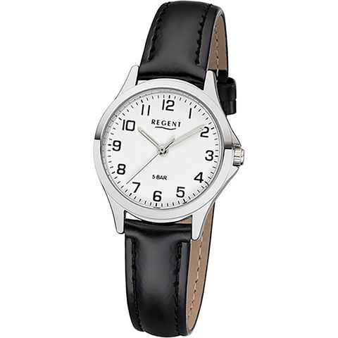 Regent Quarzuhr Regent Leder Damen Uhr 2112418 Analog, (Analoguhr), Damenuhr Lederarmband schwarz, rundes Gehäuse, klein (ca. 29mm)