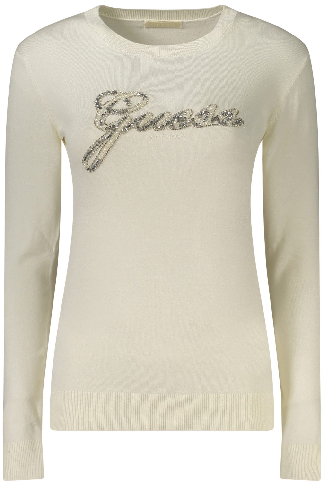 GUESS JEANS Strickpullover Eleganter Weißer Damen-Pullover mit Strass, Perlen & Stickerei