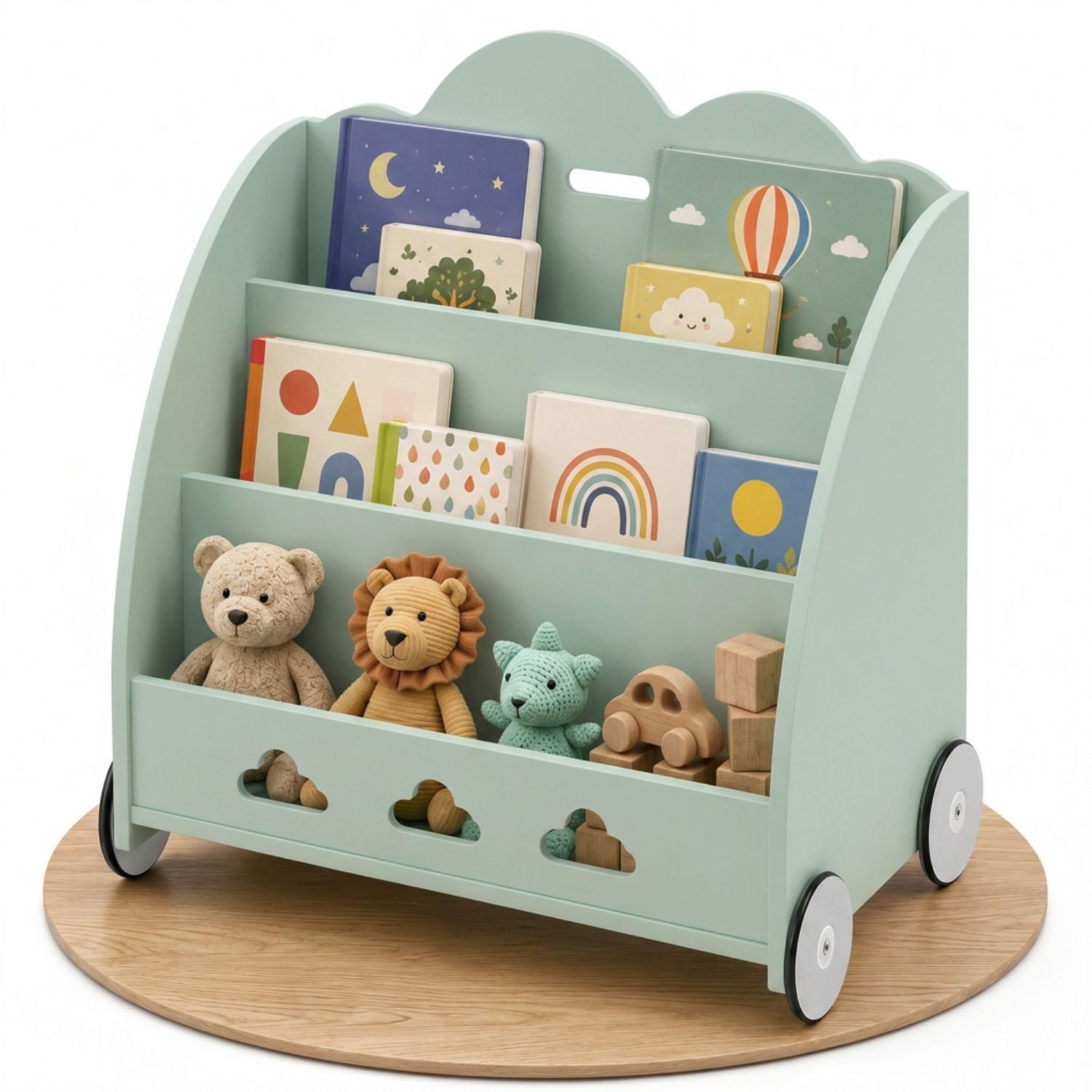 Coemo Standregal BOOKIE, Aufbewahrungsrollwagen Holz, Bücherregal & Spielzeugkiste in Mintgrün
