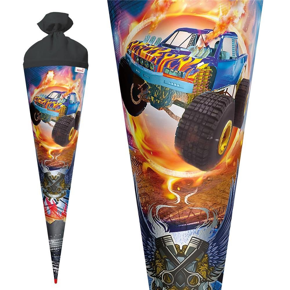 Roth Schultüte Monstertruck Fire mit Folieneffekt, 70 cm, rund, mit schwarzem Filzverschluss, Zuckertüte für Schulanfang