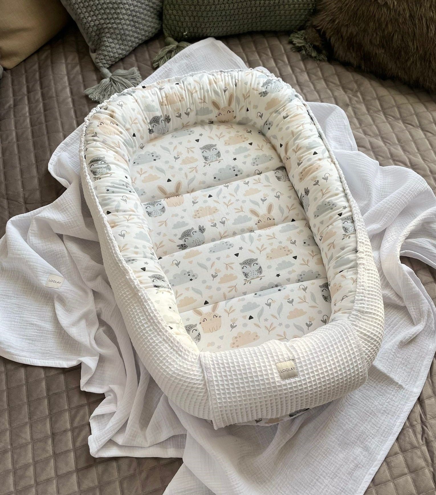 Loolay Bettnestchen Weiß WAFFELPIQUE/ HASE Beige Babynest Babyaustattung Ne günstig online kaufen