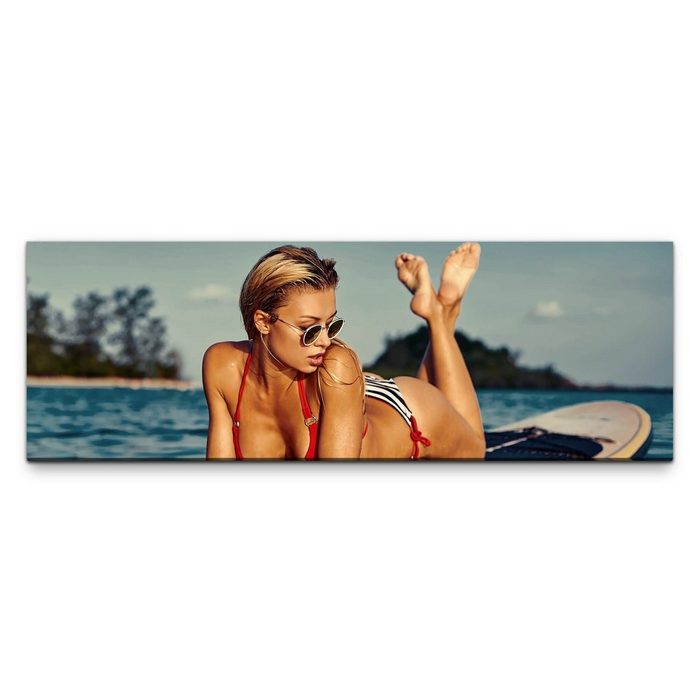 möbel-direkt.de Leinwandbild Bilder XXL Frau auf Surfbrett Wandbild auf Leinwand