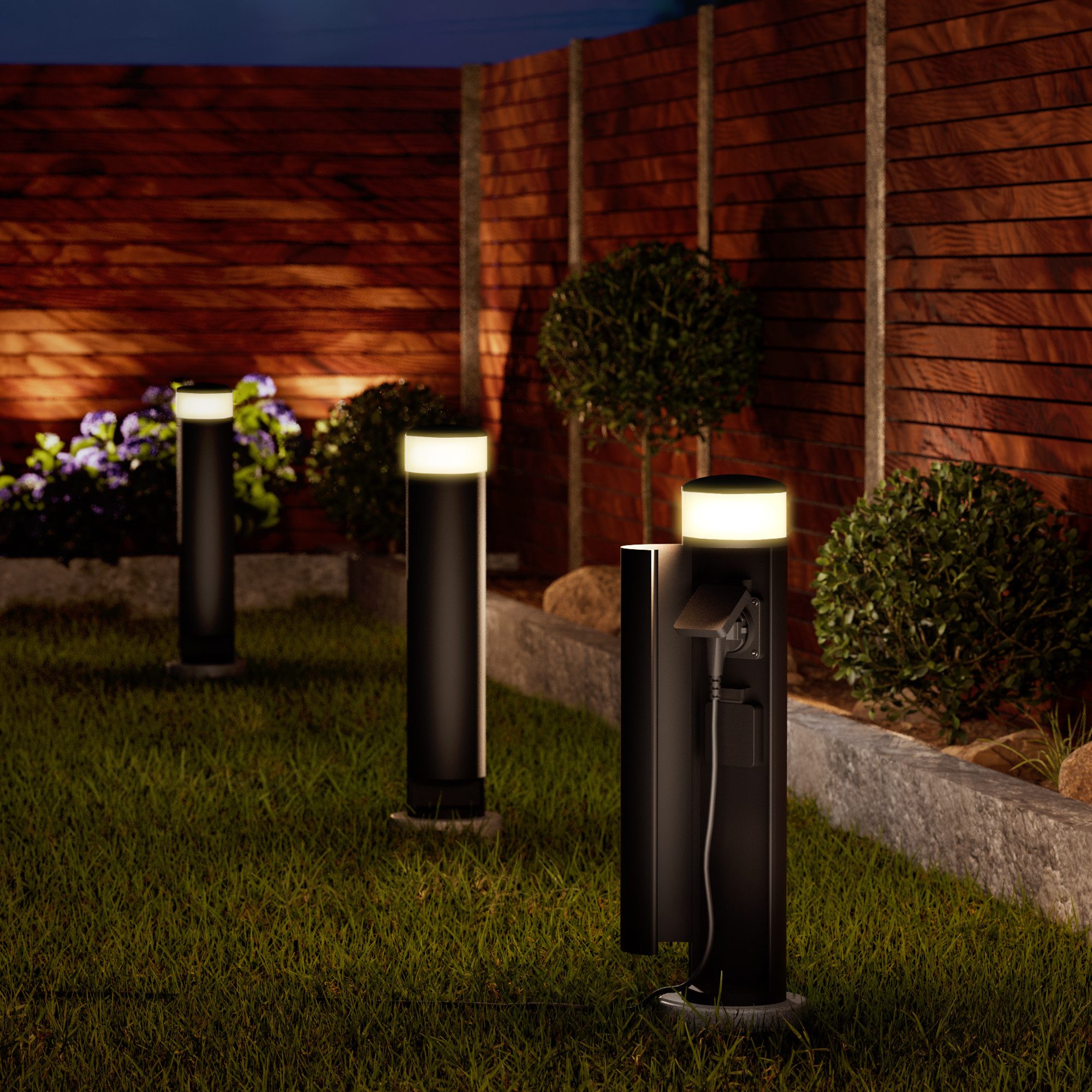 SSC-LUXon LED Gartenstrahler PALISO Lichtsäule mit 2 Steckdosen und G9 LED 3W warmweiß, Warmweiß