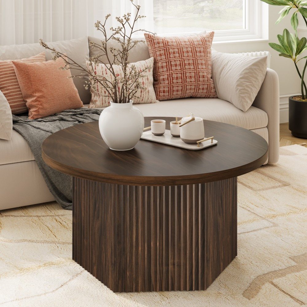 FABATO Couchtisch rund Ø 80 cm mit Liftfunktion, höhenverstellbar 50–61 cm (1-St), versteckter Stauraum und Trommelsockel in 3D-Rillenoptik, Dunkelbraun – Bild 3 von 5