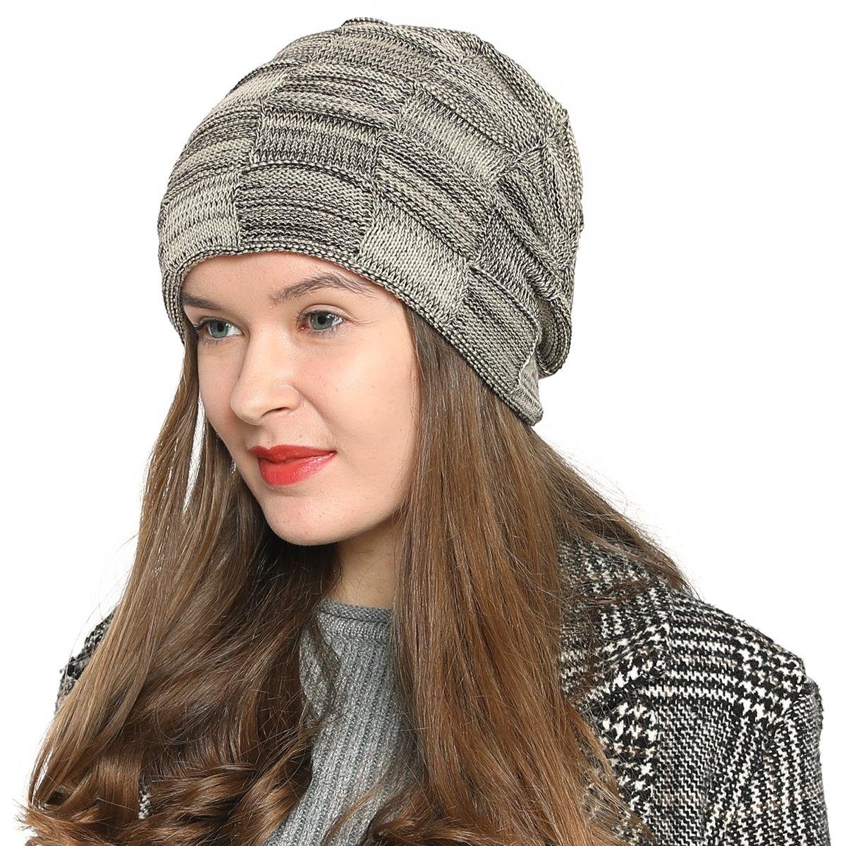 DonDon Beanie Damen warme Schlauchmütze Strickmütze (Packung, 1-St) Wintermütze, Beanie mit Flechtmuster und Teddyfleece beige-schwarz