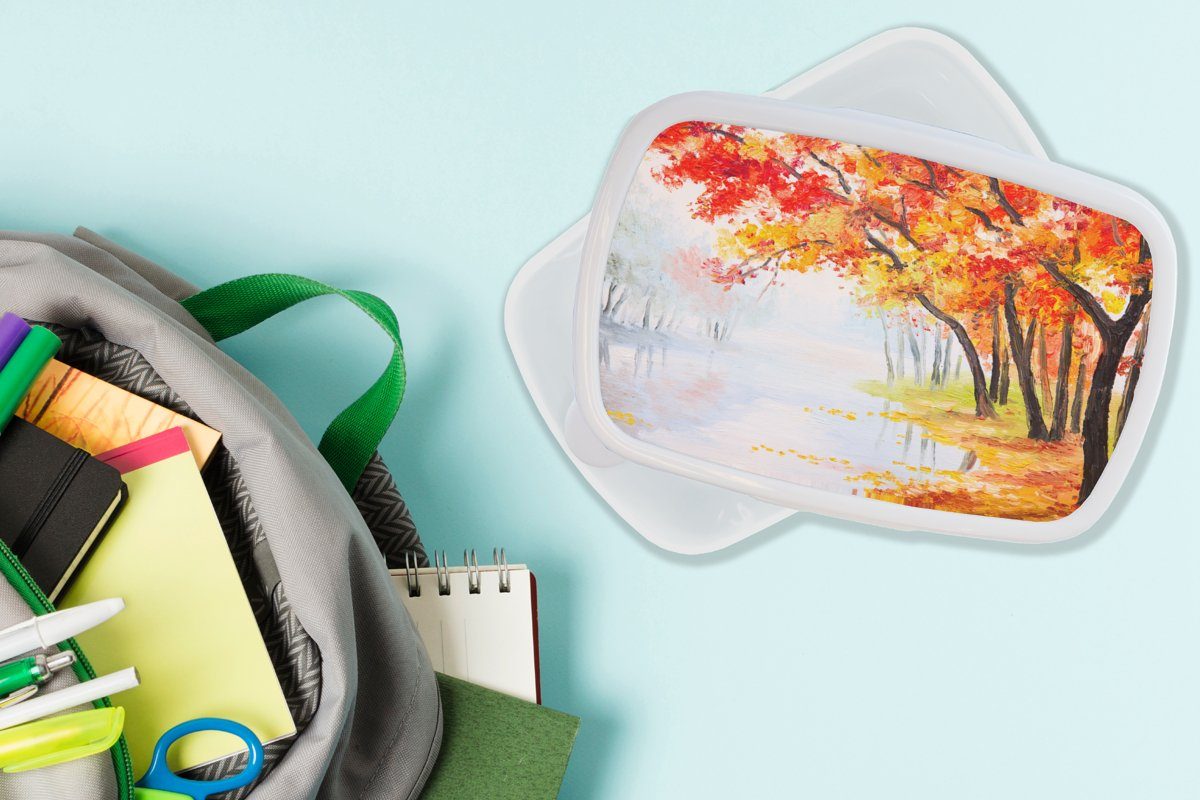 für Bäume - - Brotdose, Lunchbox Herbst Kunststoff, (2-tlg), MuchoWow Erwachsene, Gemälde Kinder und Jungs Mädchen für Wasser Brotbox - weiß Ölfarbe, und -