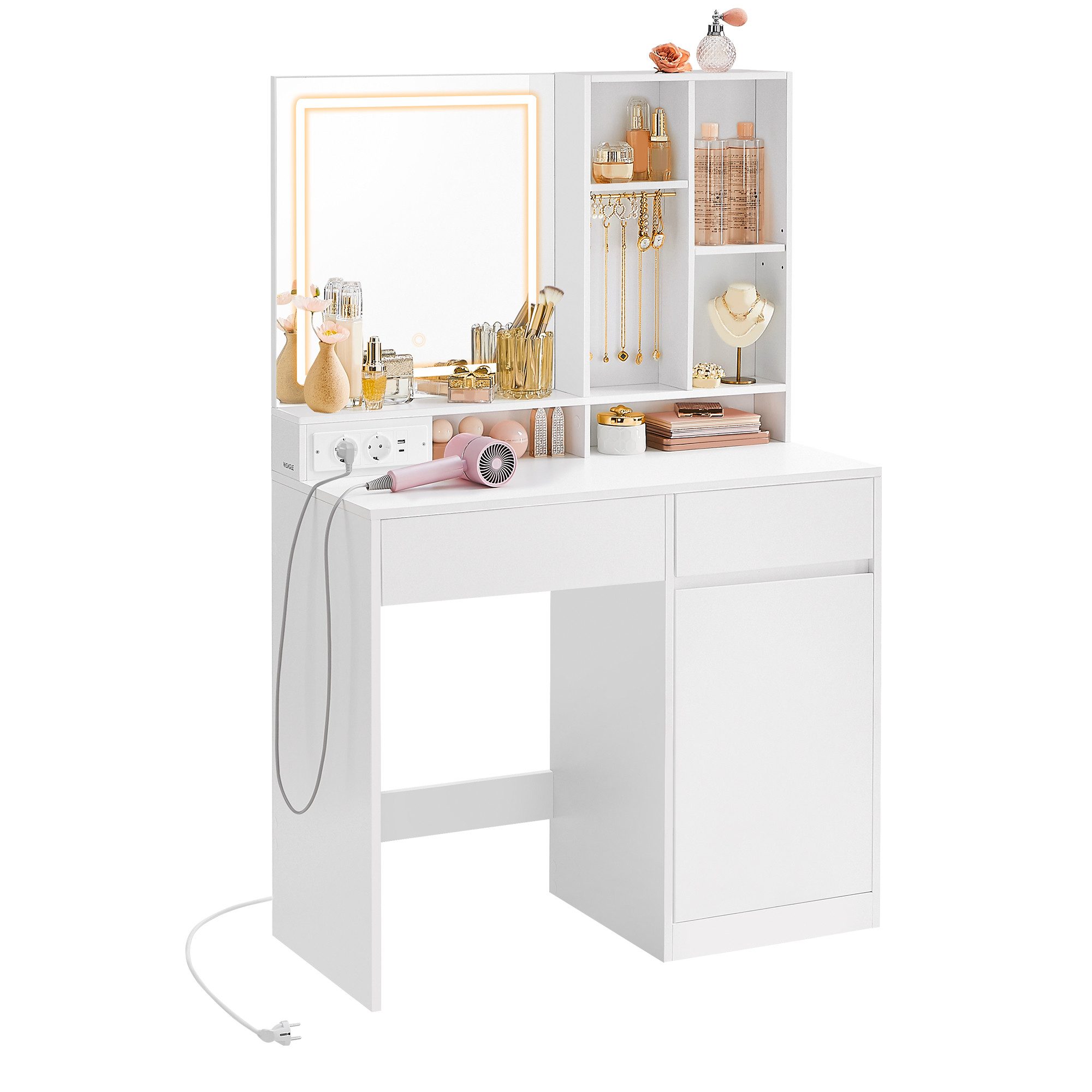 VASAGLE Schminktisch mit Spiegel und LED-Leuchten, Steckdosenleiste, Schubladen, mit verstellbarer Beleuchtung 90 cm breit