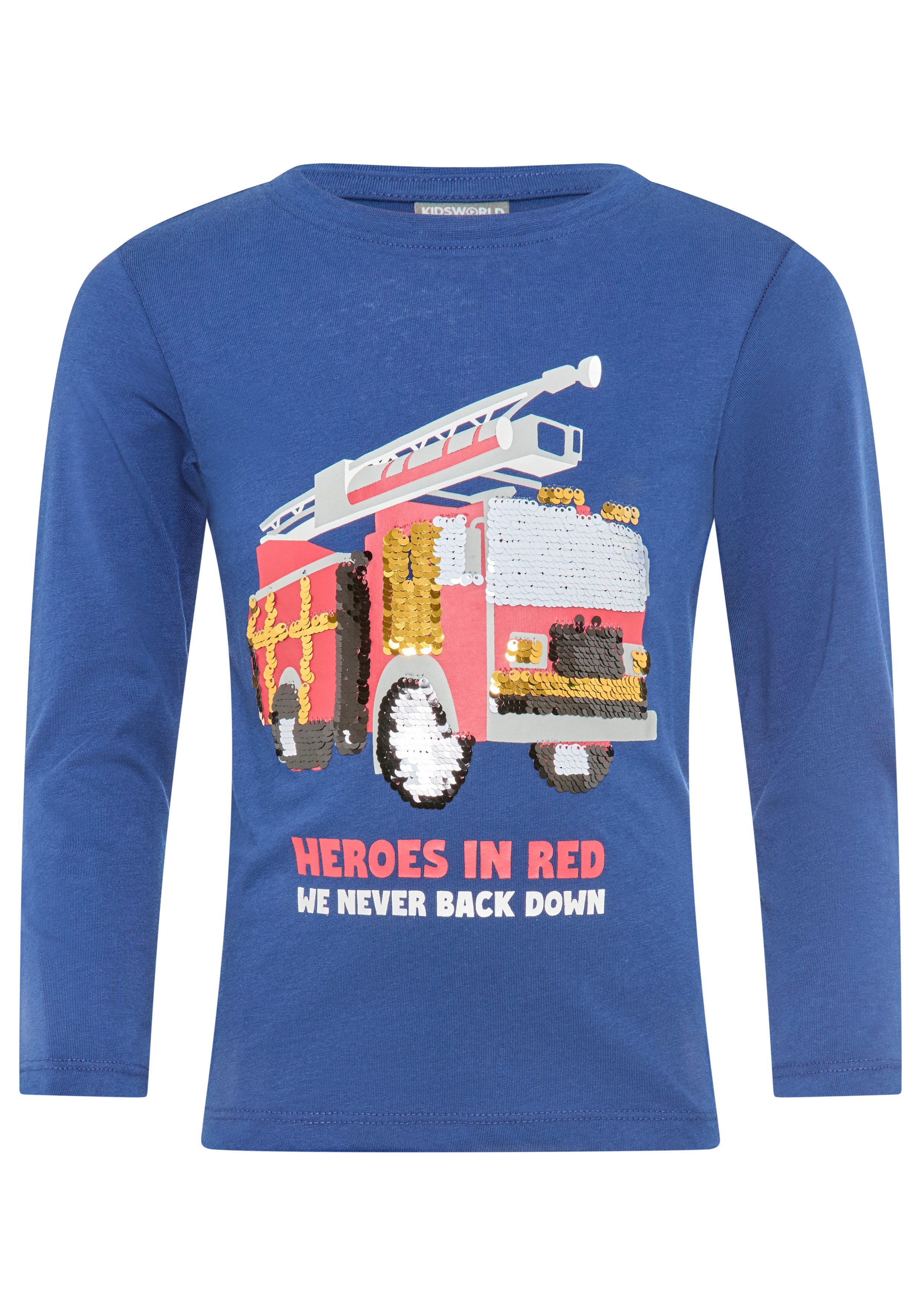 KIDSWORLD Langarmshirt Feuerwehr Pailletten Shirt Feuerwehr Druck mit Pailletten