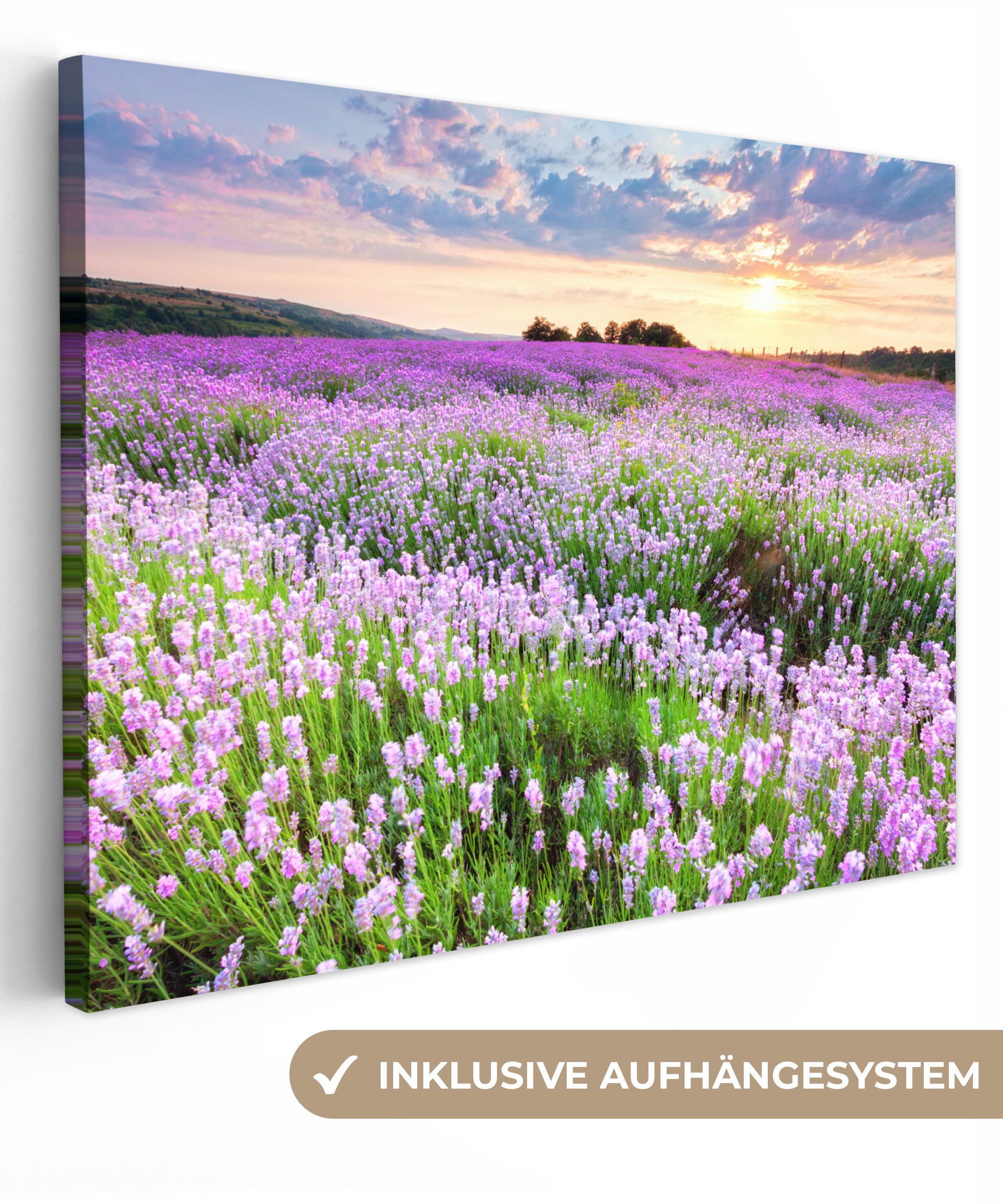 OneMillionCanvasses® Leinwandbild Blumen - Lavendel - Lila - Himmel - Sonnenuntergang - Wiese - Natur, Fotodruck (1 St), Wandbild Leinwandbilder, Aufhängefertig, Wanddeko 40x30 cm