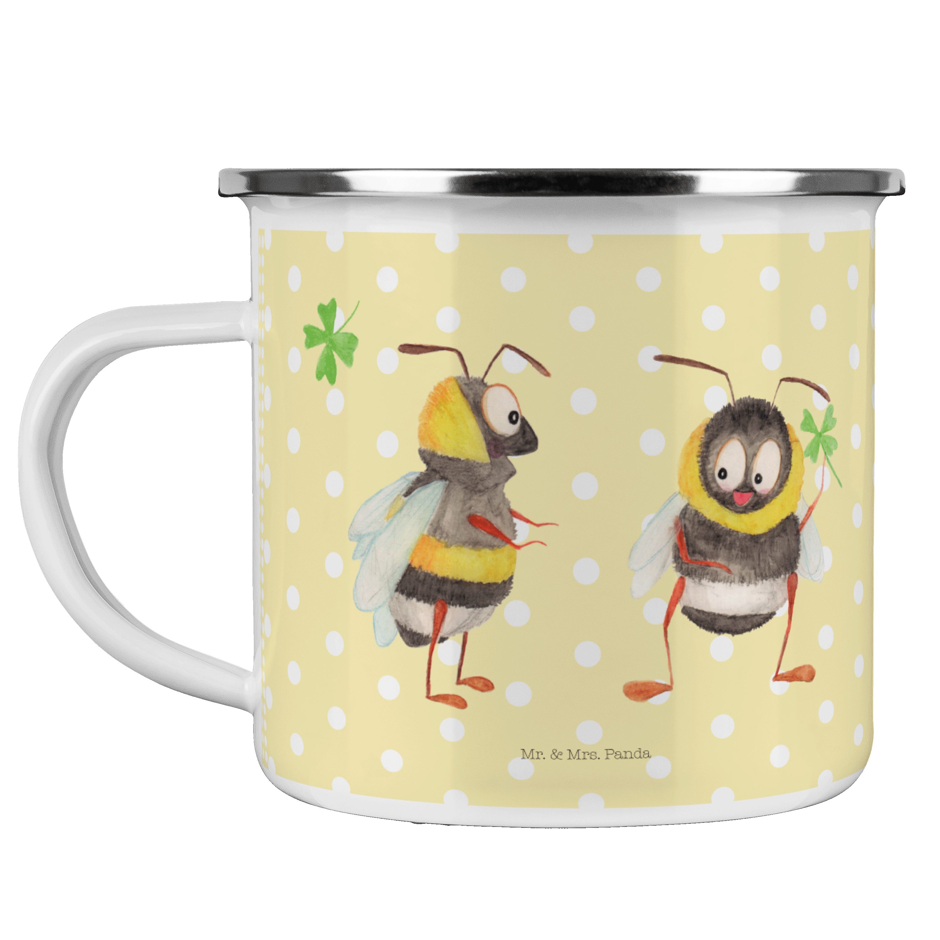 Mr. & Mrs. Panda Becher Hummeln mit Kleeblatt - Gelb Pastell - Geschenk, Camping Tasse Metall, Emaille