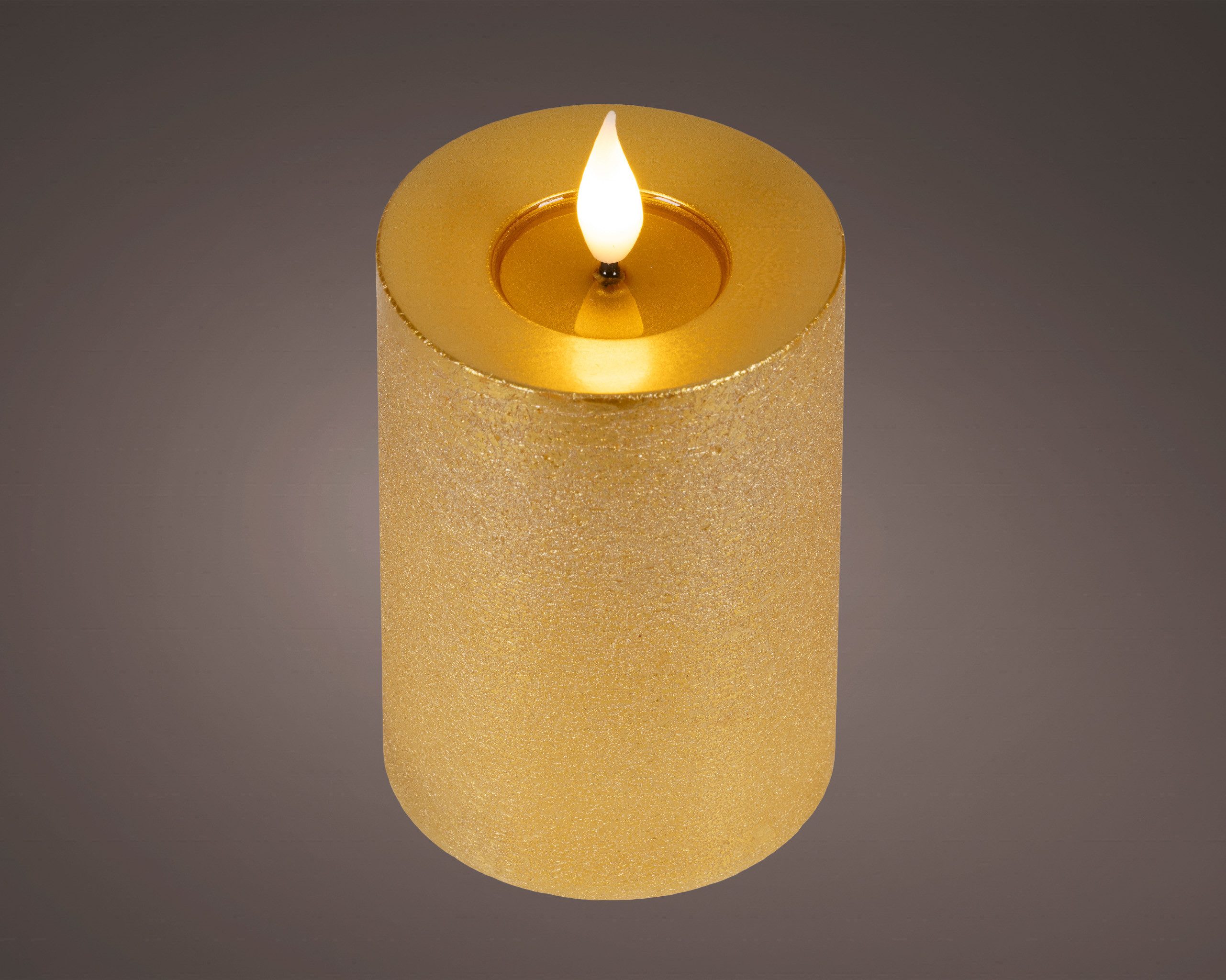 Lumineo LED-Kerze, Timer, warmweiß, LED Kerze 7,5x13,5cm mit Timer Wachs Flacker-Effekt Gold / Warmweiß