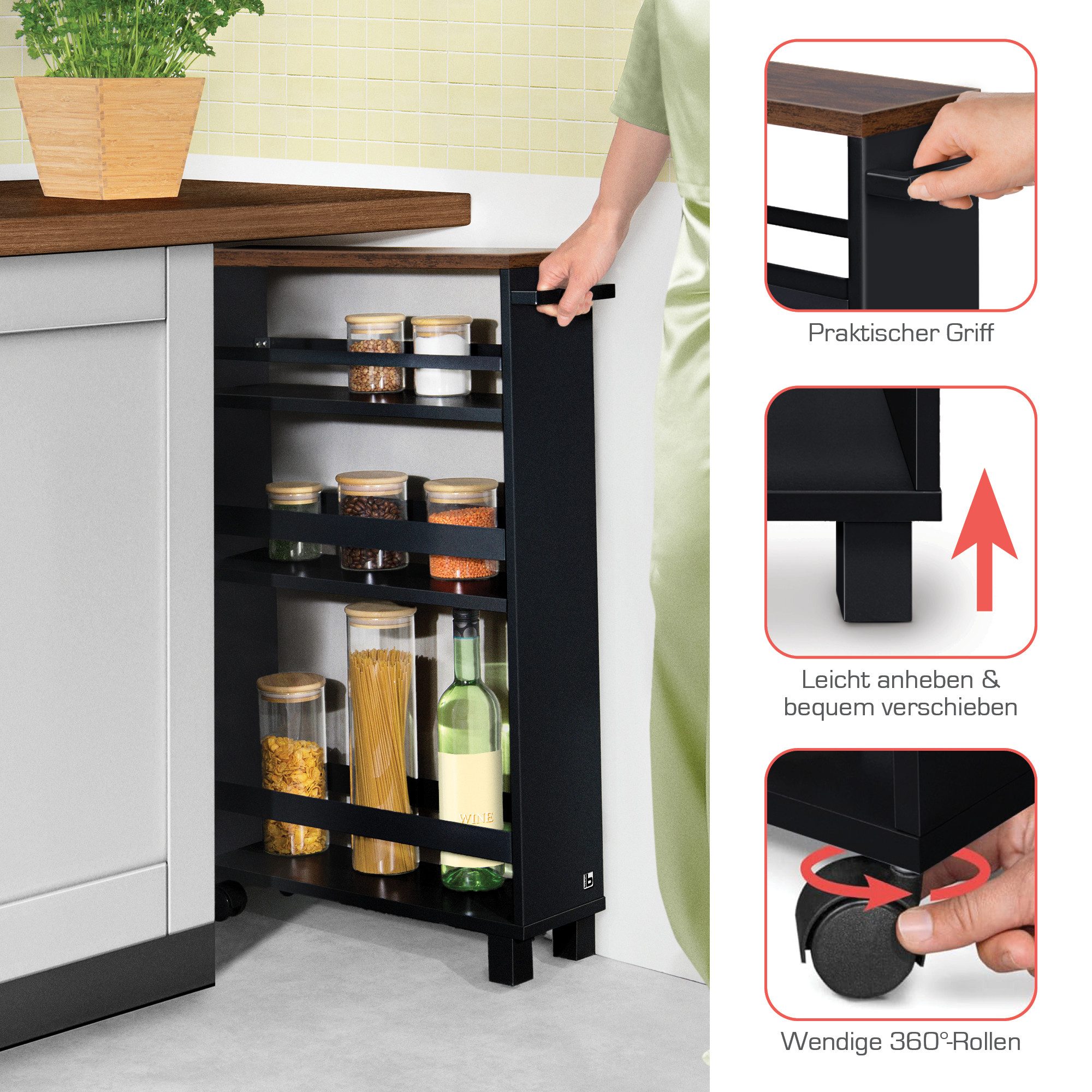 bomoe Küchenwagen Nischenregal 15cm breit Hylla, 79x50cm, Braun Schwarz, Küchenwagen Küchenregal Schmal – Rollwagen 3 Fächer & Arbeitsplatz