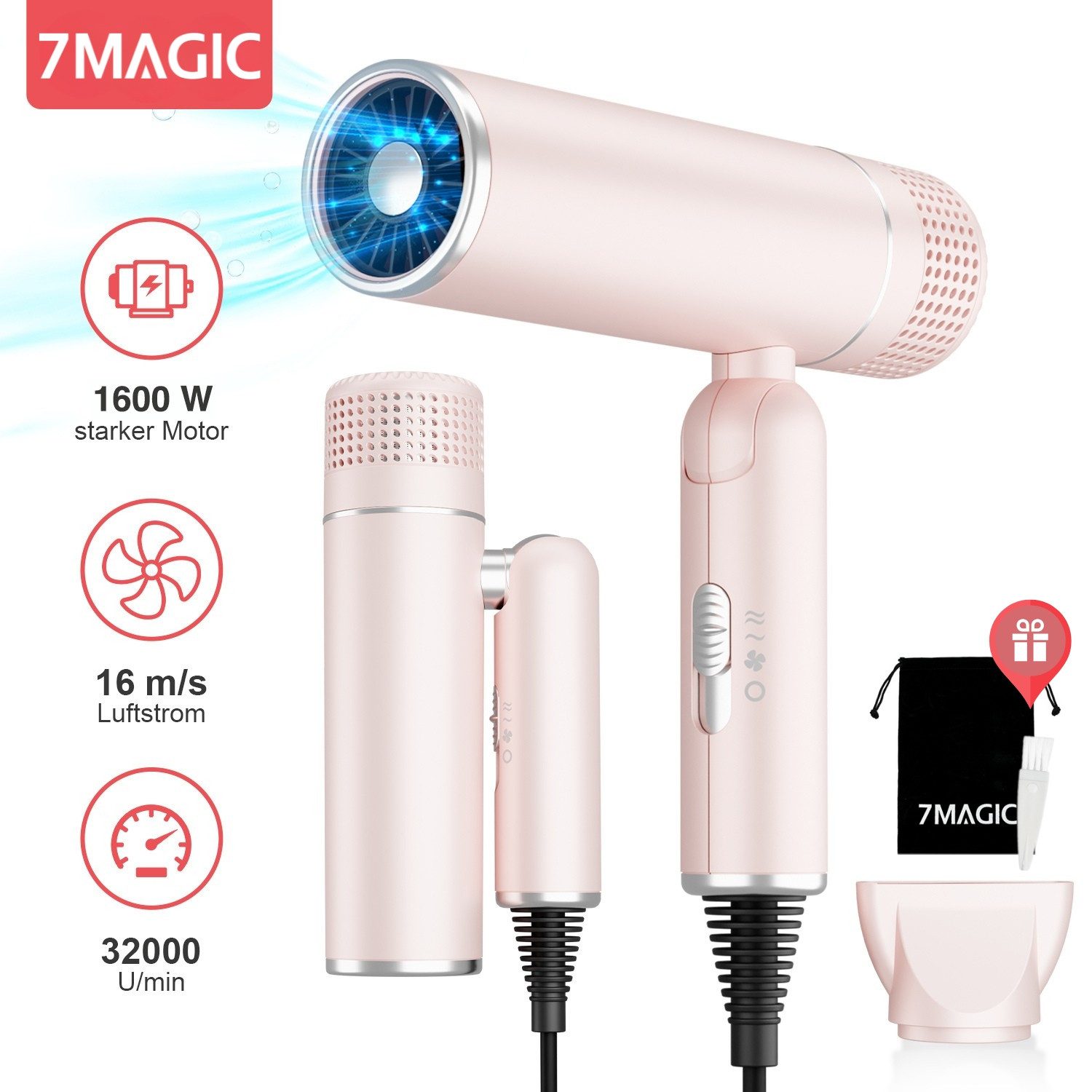 MCURO Haartrockner Faltbarer Ionen Reiseföhn, 1600,00 W, Anti-Frizz, 3 Temperaturstufen, 2 Luftstärken, für Urlaub & Alltag, mit Stylingdüse oder Diffusor, ultraleicht & platzsparend