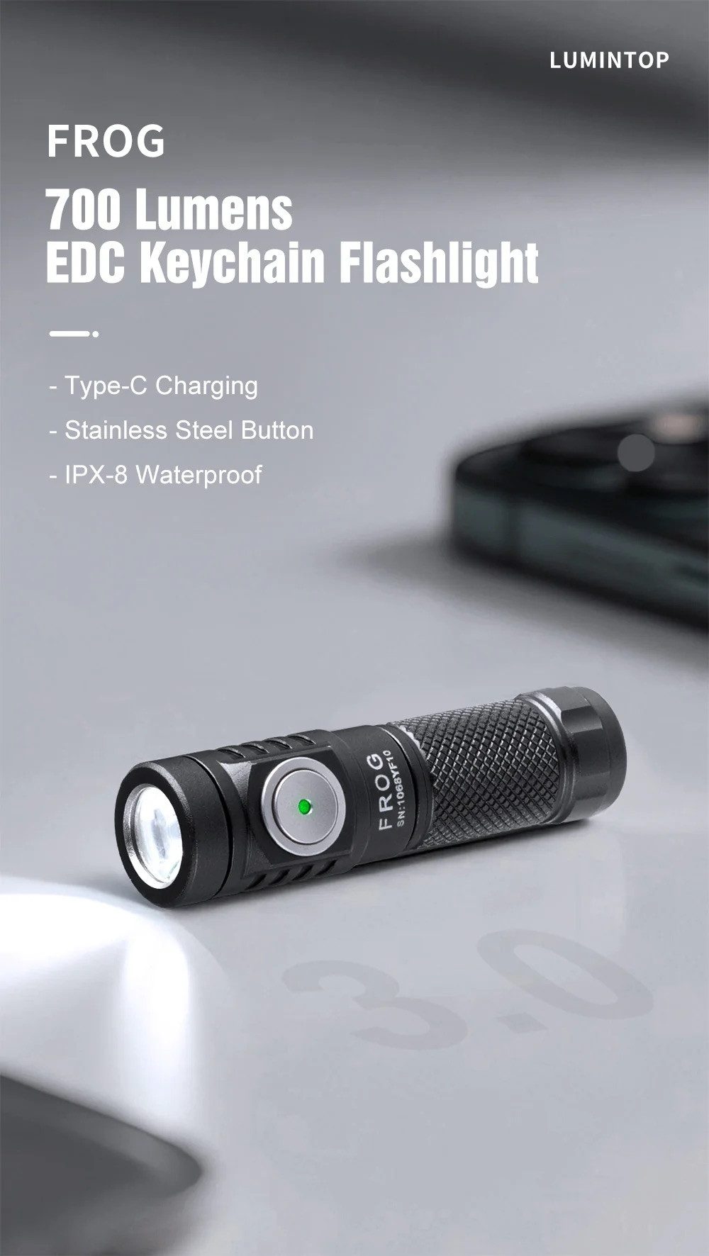 Lumintop Taschenlampe FROG 3.0 USB-C mit 10300 Akku Alu Mini EDC Lampe - cool white 6500K (1-St)