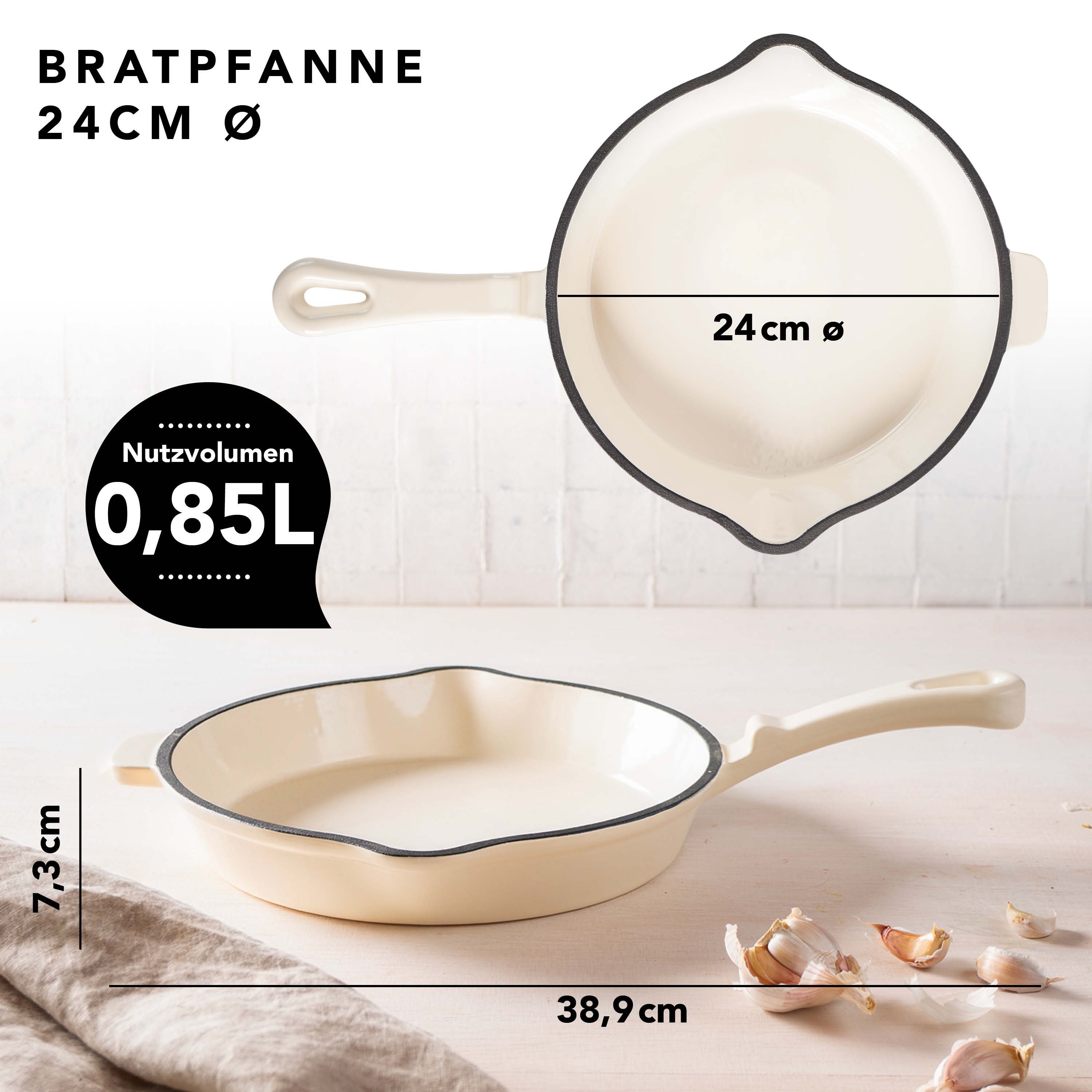 RÖMERTOPF Bratpfanne Gusseisen Brattpfanne 24cm Creme, Gusseisen (Set, Set), Alle Herdarten inkl. Induktion, bis 250 °C