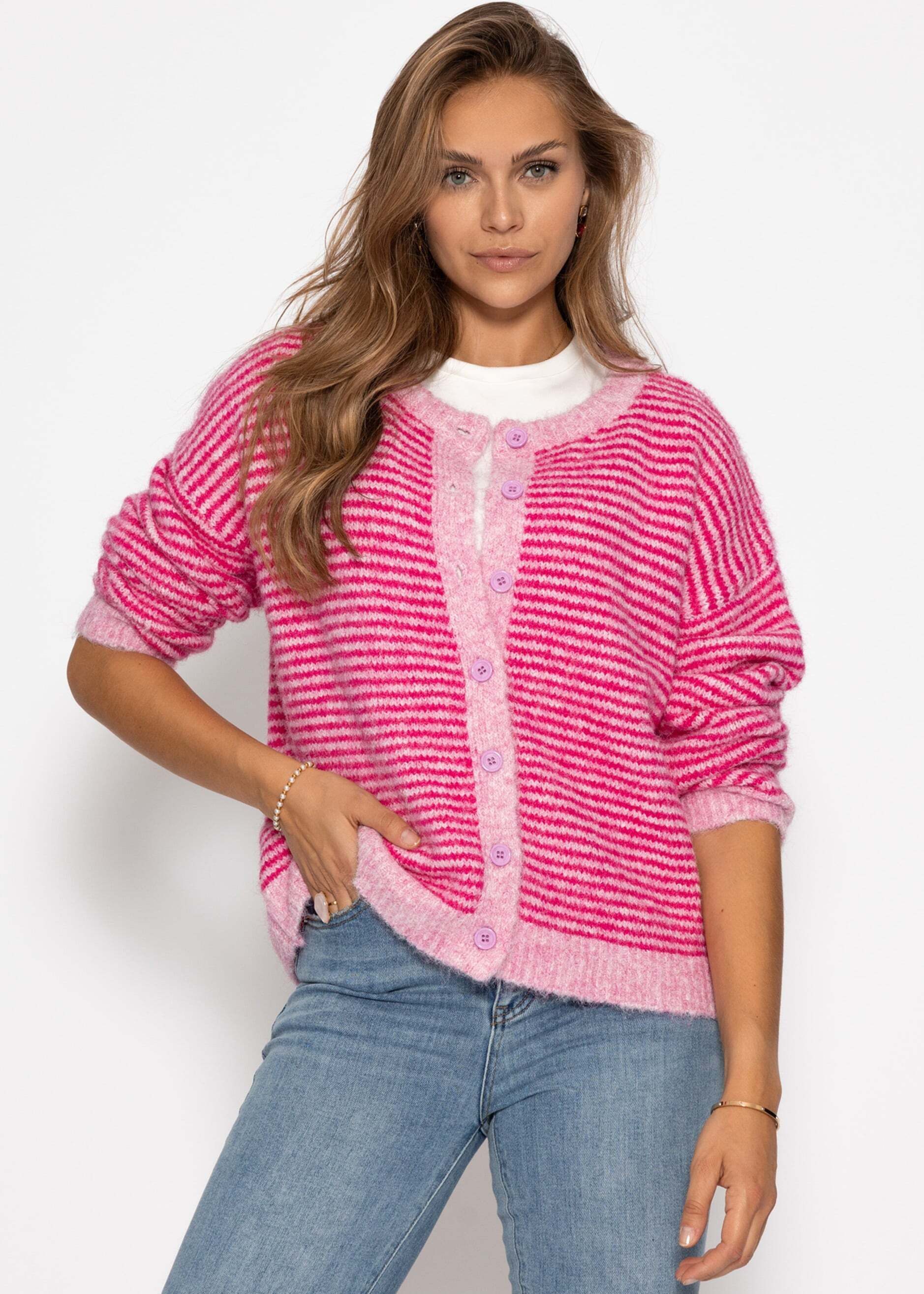 SASSYCLASSY Cardigan Gestreifter Cardigan für Damen Lässige Strickjacke mit Knopfleiste und Rundhalsausschnitt Pink Taupe