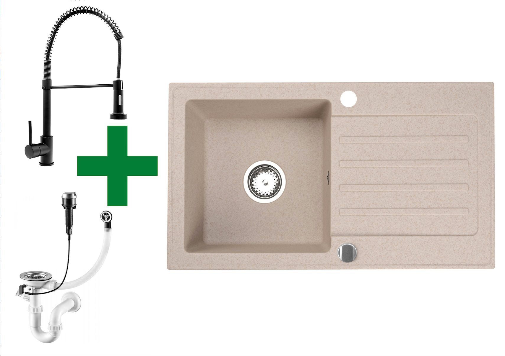 Faizee Möbel Granitspüle Granitspüle 76x44 + Armatur Spirale Küchenspüle Spülbecken, Eckig, 76/16 cm