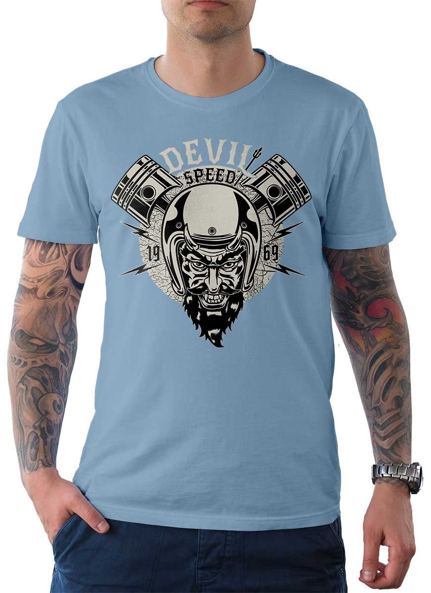 Rebel On T-Shirt T-Shirt Devil Tee Biker V-Twin Herren Hellblau / Wheels Motorrad Motiv mit