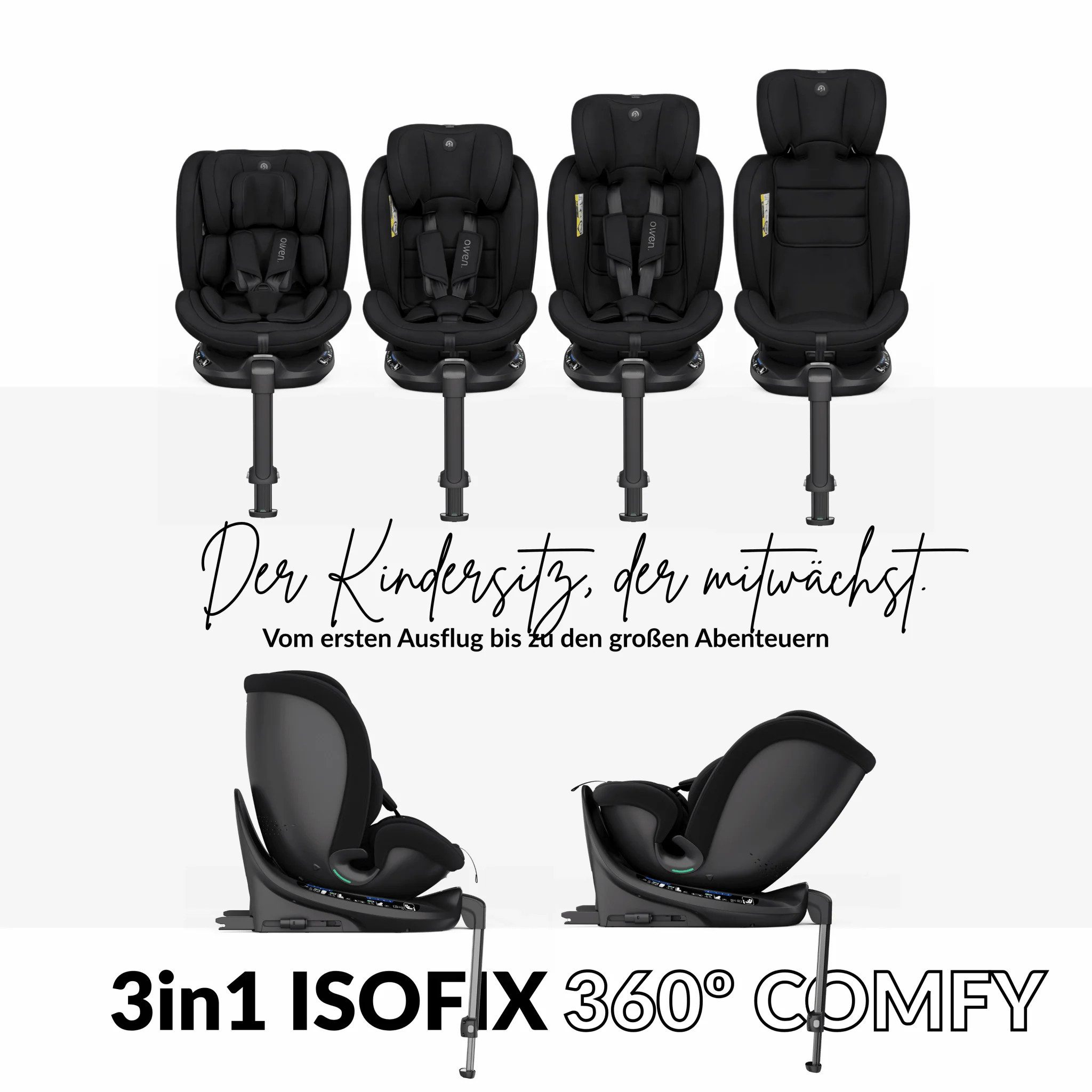 OWEN Autokindersitz OWEN® 3-in-1 Kindersitz mit ISOFIX 360º Comfy, bis: 12, Kombinations-Kindersitz (mitwachsend)