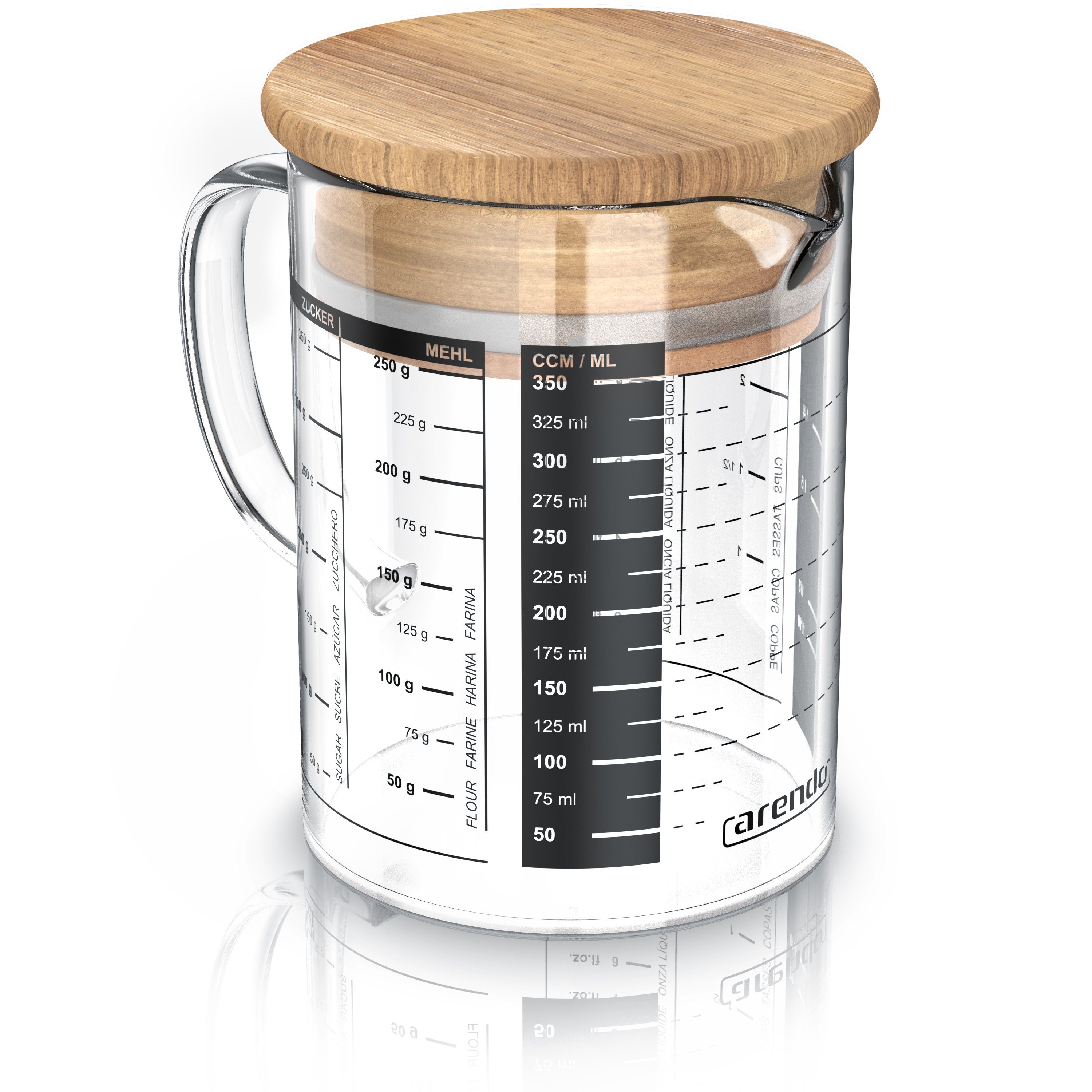 Arendo Messbecher Glasbehälter 350 ml luftdicht, Küchenbehälter mit Bambusdeckel, Glas, (1-St), Silikondichtung, für Mehl Zucker Gewürze Flüssigkeiten Süßigkeiten