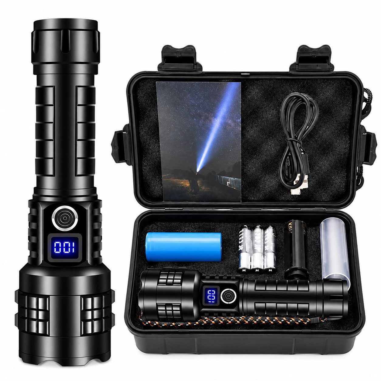 XEOOCE Taschenlampe LED Taschenlampe aufladbar Zoom & Powerbank Funktion Schwarz