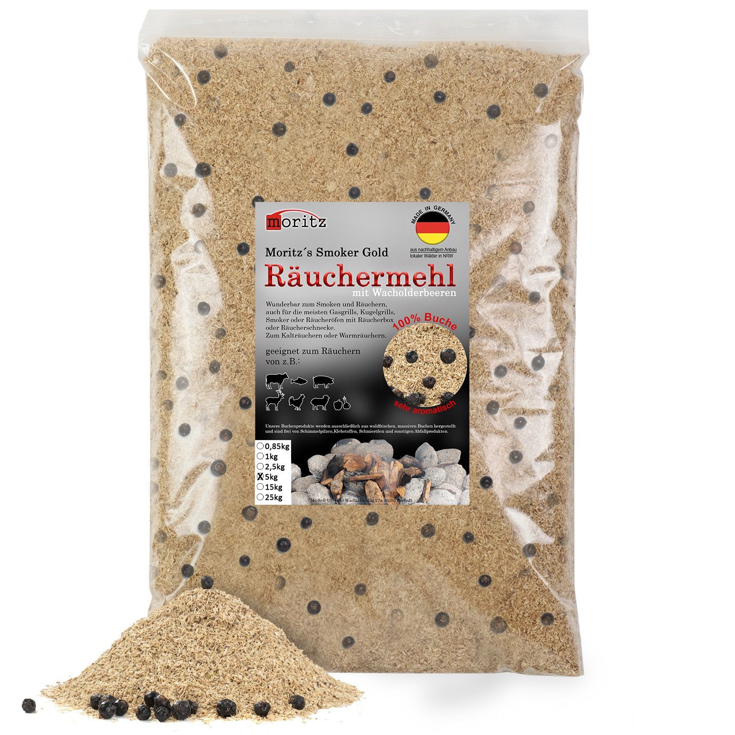 Moritz Räucherbox 5kg Räuchermehl Buche mit Wacholder fein 0,5 -1 mm zum smoken, räuchern/kalträuchern von Fleisch, Fisch, Gemüse geeignet