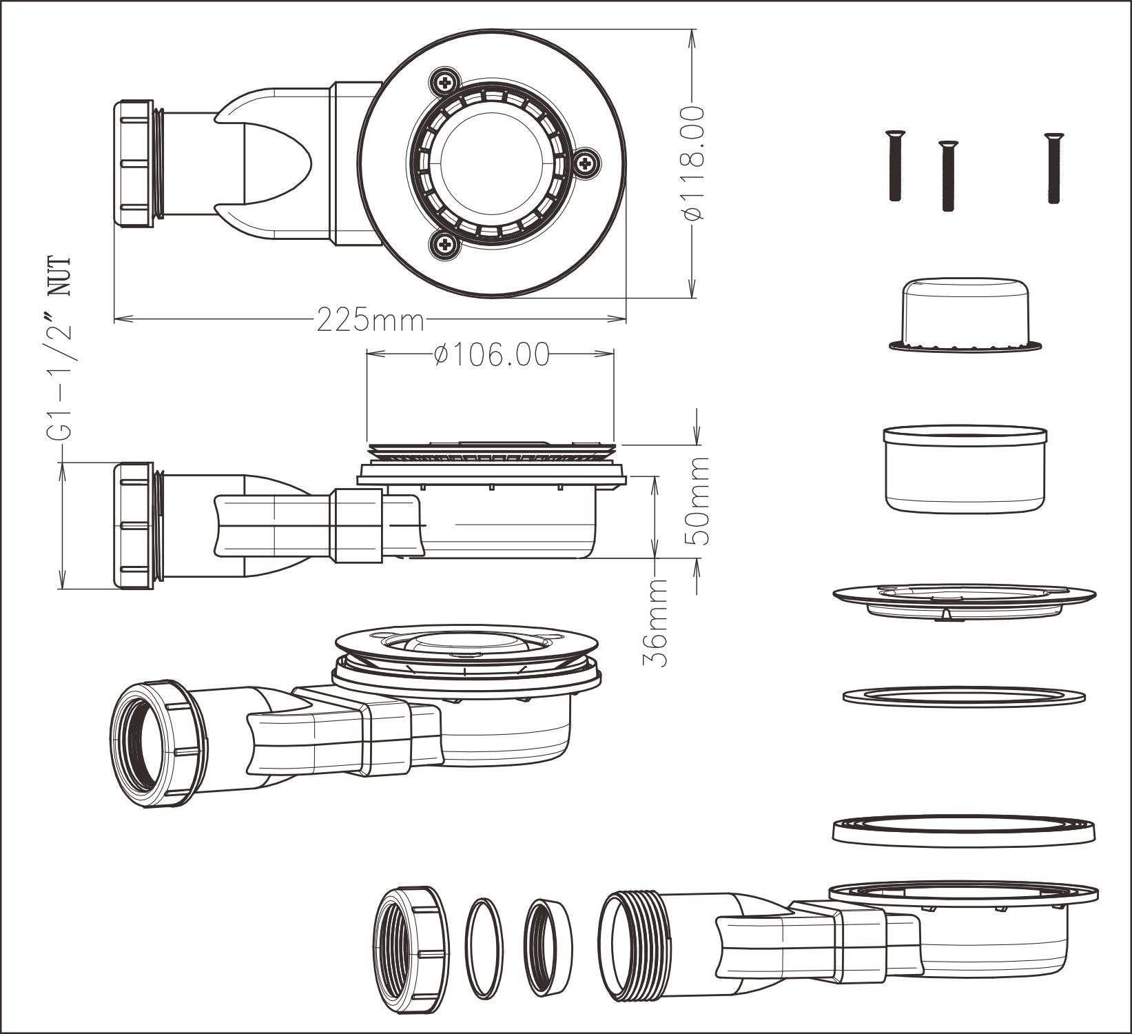 AQUALAVOS Duschwanne Duschwanne mit Ablaufgarnitur Schieferoptik Rutschfeste Struktur 90x90, Sheet-Molding-Compound(SMC), Weiß / Schwarz, Ablaufloch ∅ 90 mm, quadratisch, Zuschneidbar