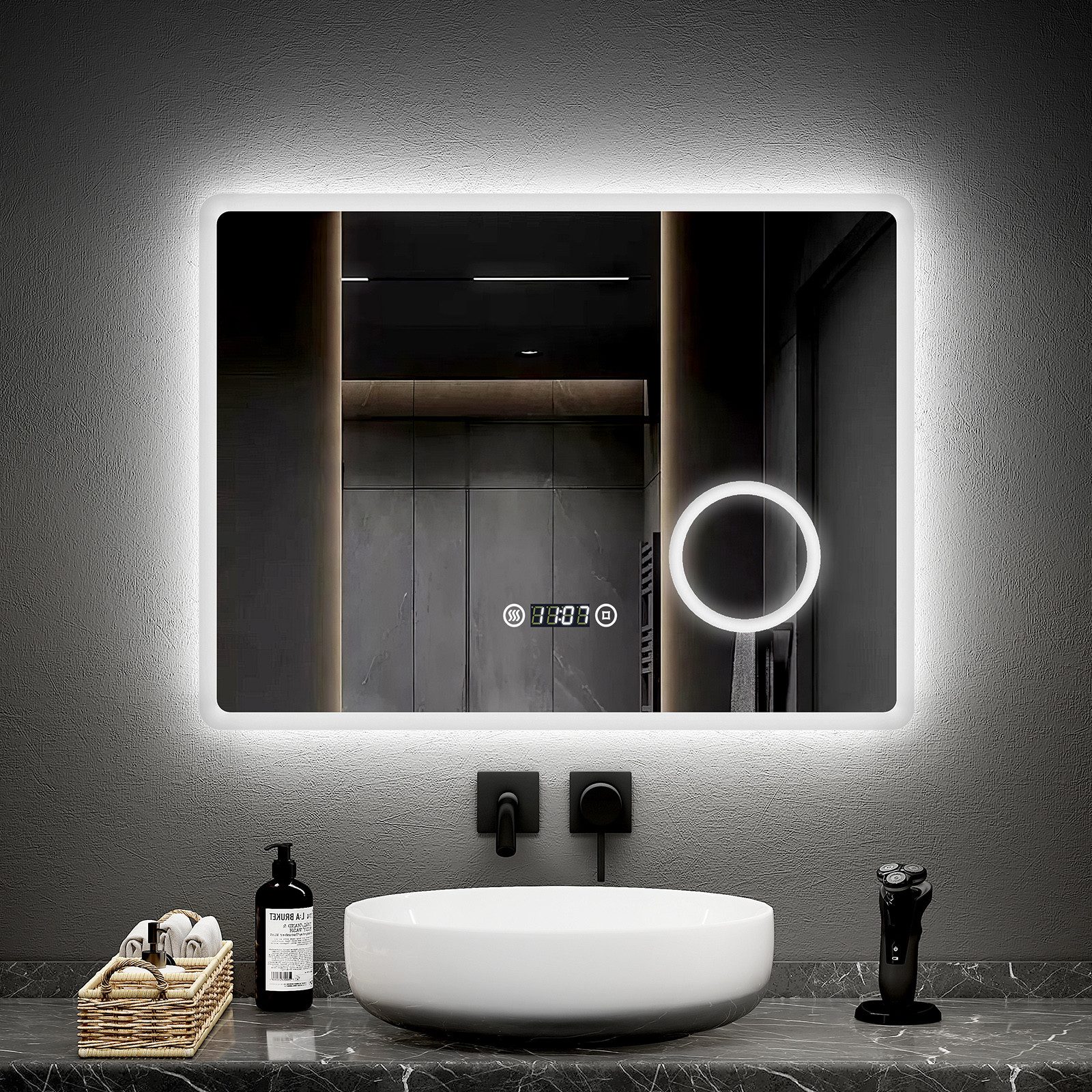 EMKE Badspiegel LED-Beleuchtung wandspiegel mit Kosmetikspiegel, Antibeschlag, dimmbar (Breite: 80~100cm, Touchschalter), Beschlagfrei, Uhr, Kaltweißlicht, Memory Funktion, IP44
