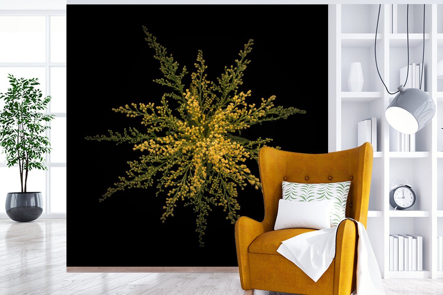 Eine MuchoWow Tapete Goldrutenblüte schwarzem für Wohnzimmer Matt, Schlafzimmer, auf Fototapete (5 St), bedruckt, Wandtapete Vinyl Hintergrund, oder