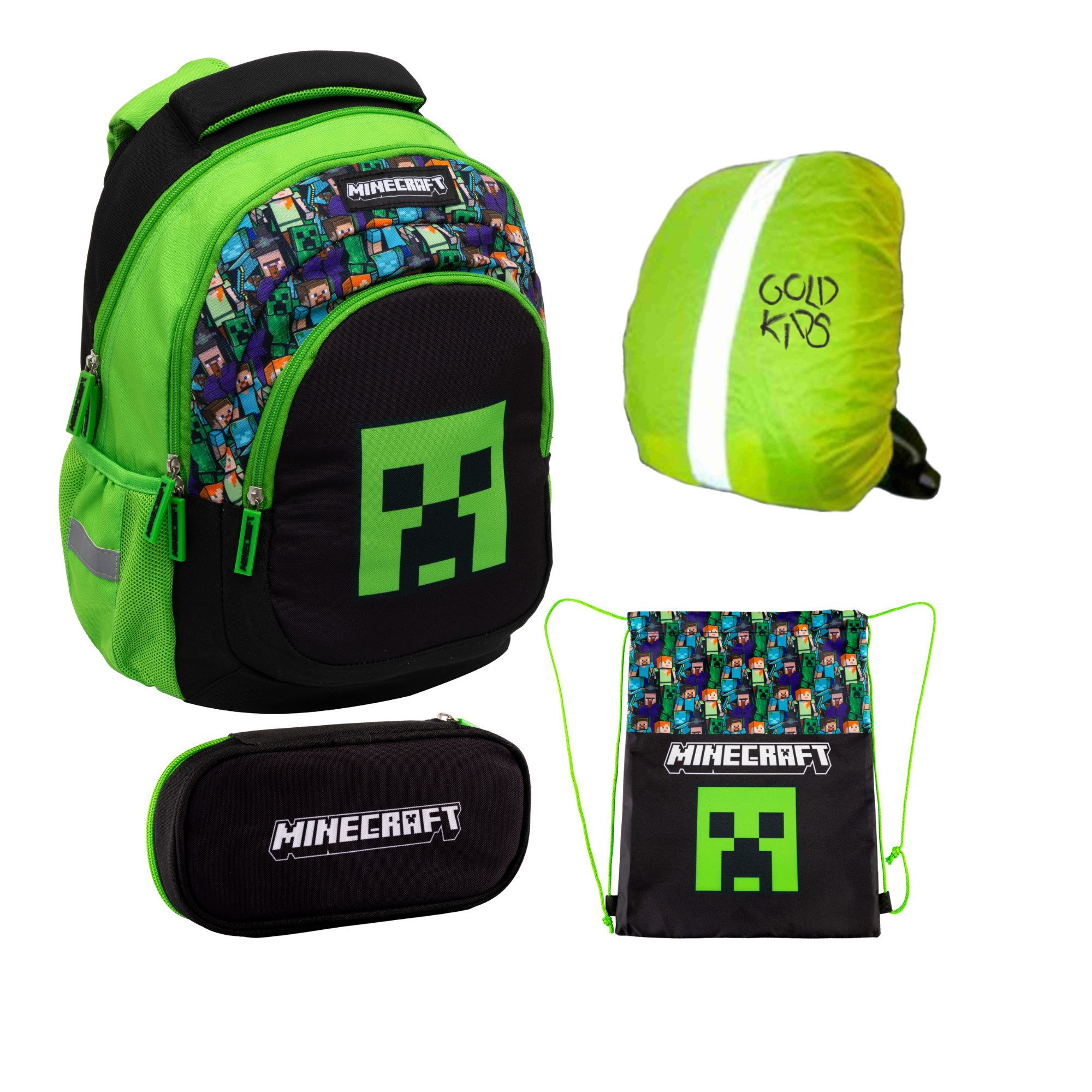 GOLDKIDS Ранцы für Jungen und Mädchen, 4er-Set - (Schul-Rucksack für Kinder mit Schlampermäppchen -, 1-tlg., Schuhbeutel und Regenschutz), - Minecraft Motiv
