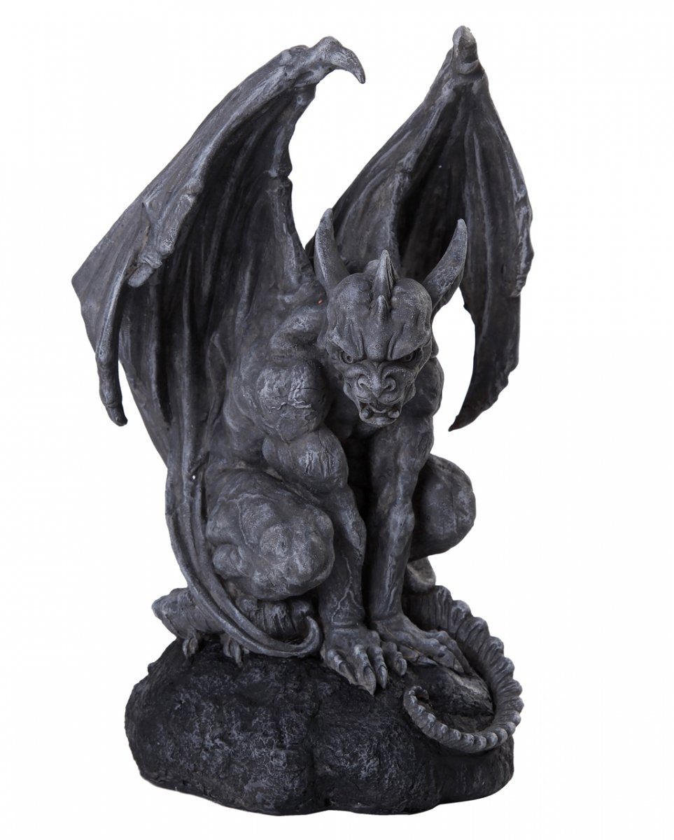 Horror-Shop Dekofigur Grauer Gargoyle mit Flügel auf Felsen sitzend 32cm