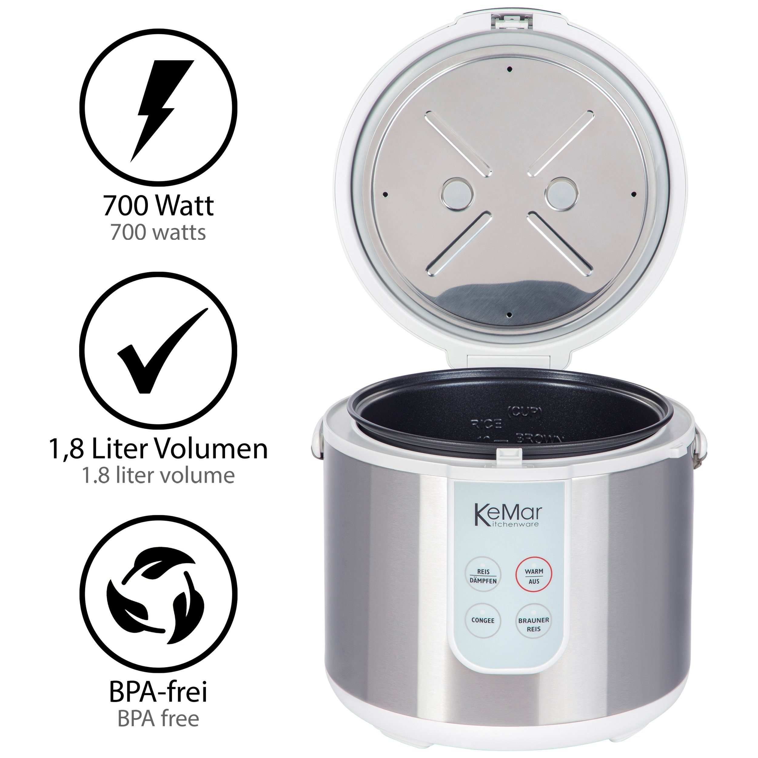 KeMar Kitchenware Reiskocher KRC-130, 700 W, 4 Programme, Innendeckel Edelstahl, Warmhalteprogramm, Softtouch